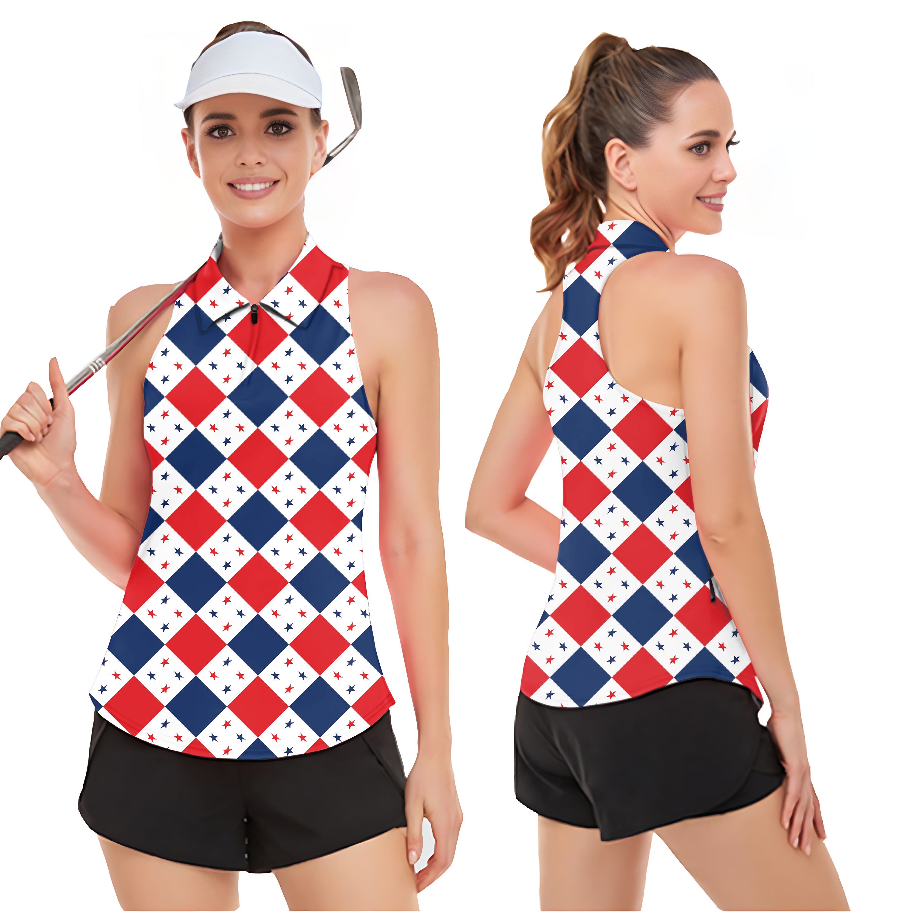 Argyle US Star flag Women’s Sleeveless Golf Tank Top Shirt Polo