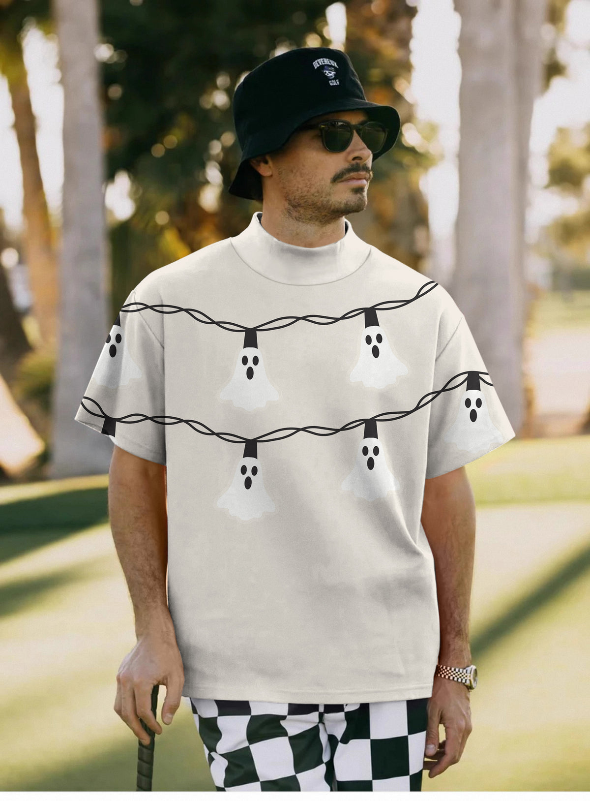 Men's Halloween Ghost Light Mock Neck Long/Short Sleeve Golf Tops