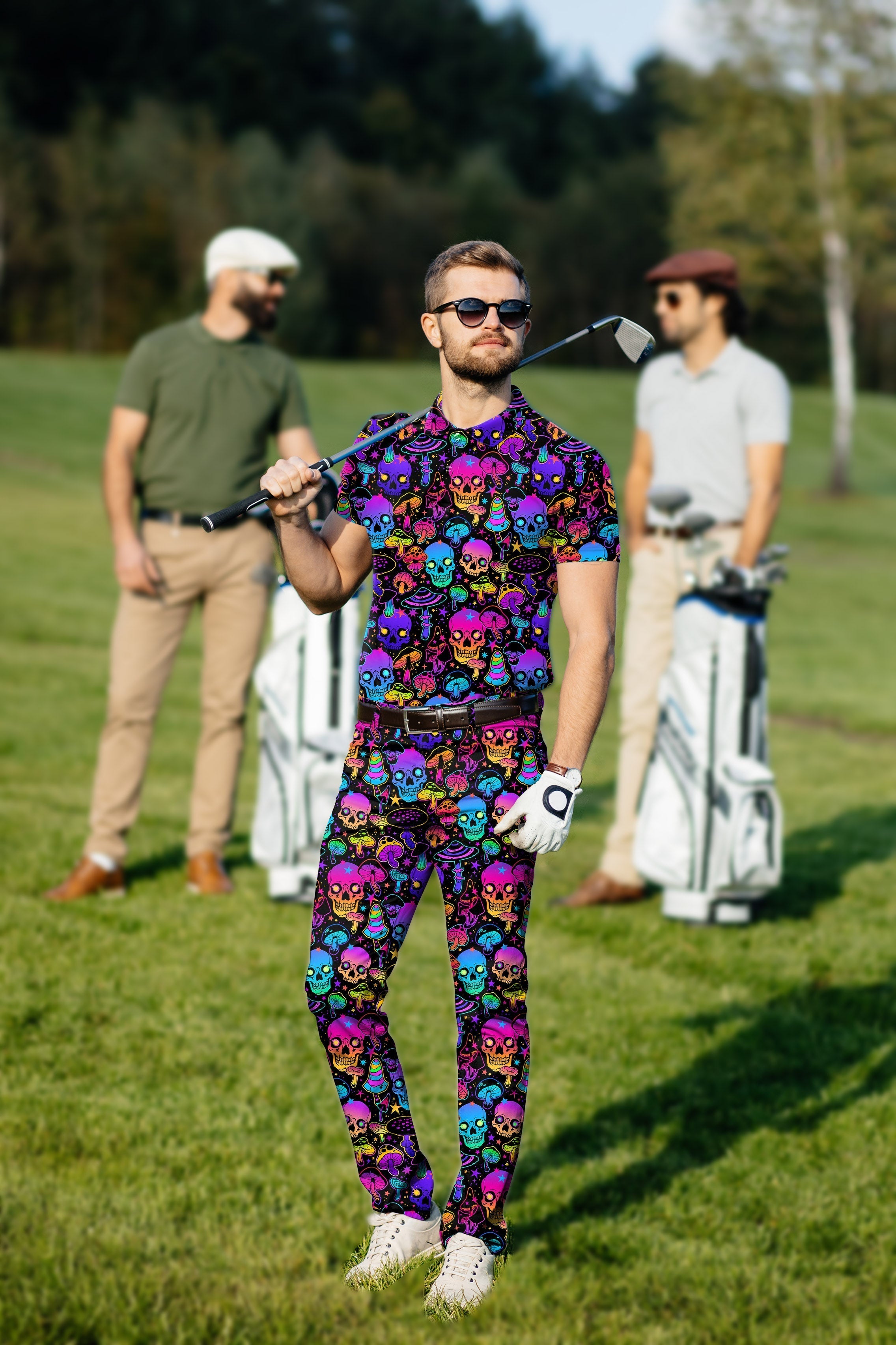 Men's Golf Set neon skull polo and pants with four-way stretch and moisture-wicking fabric