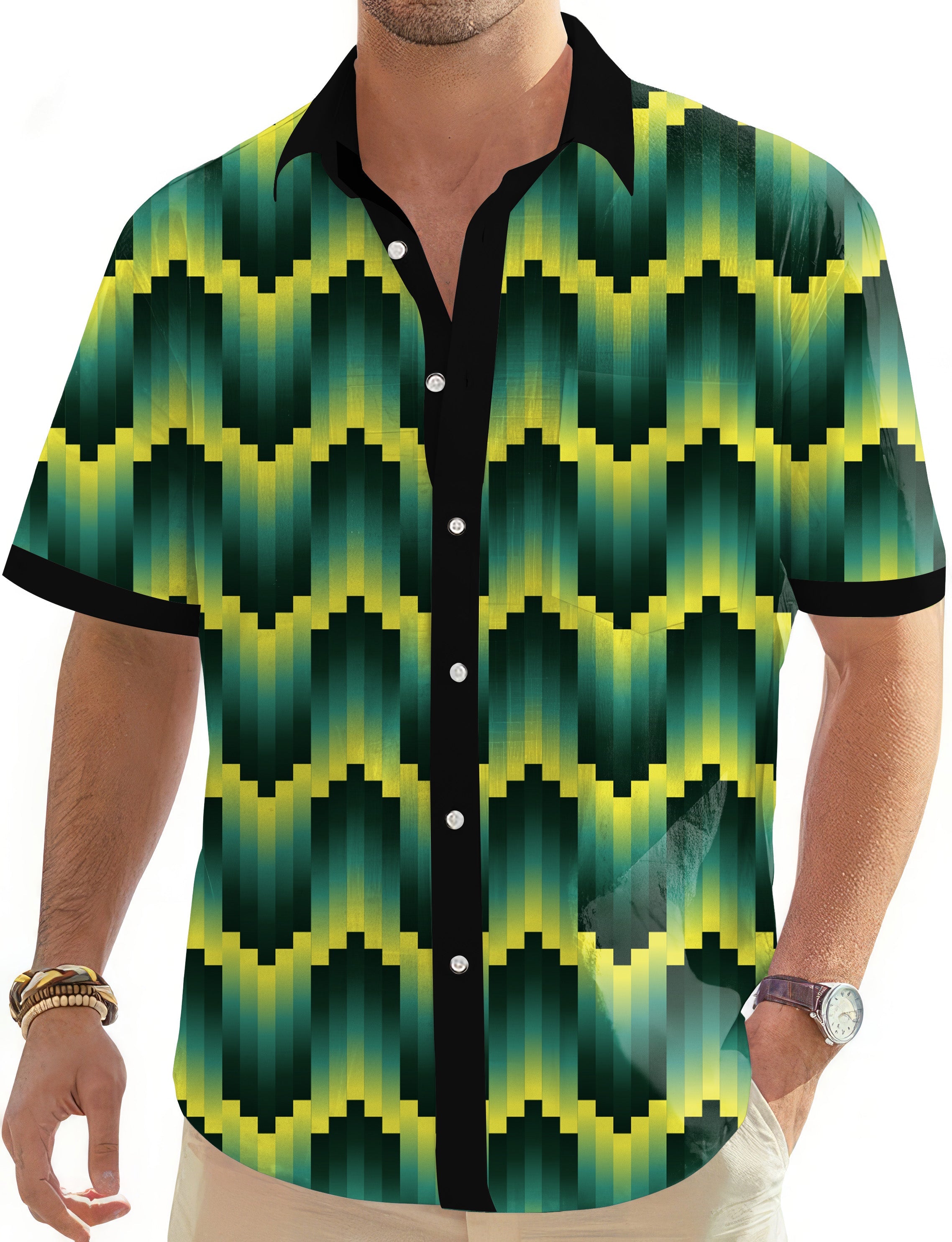 Men's Green Ripples Custom golf Hawaiian shirt with button-down front and short sleeves