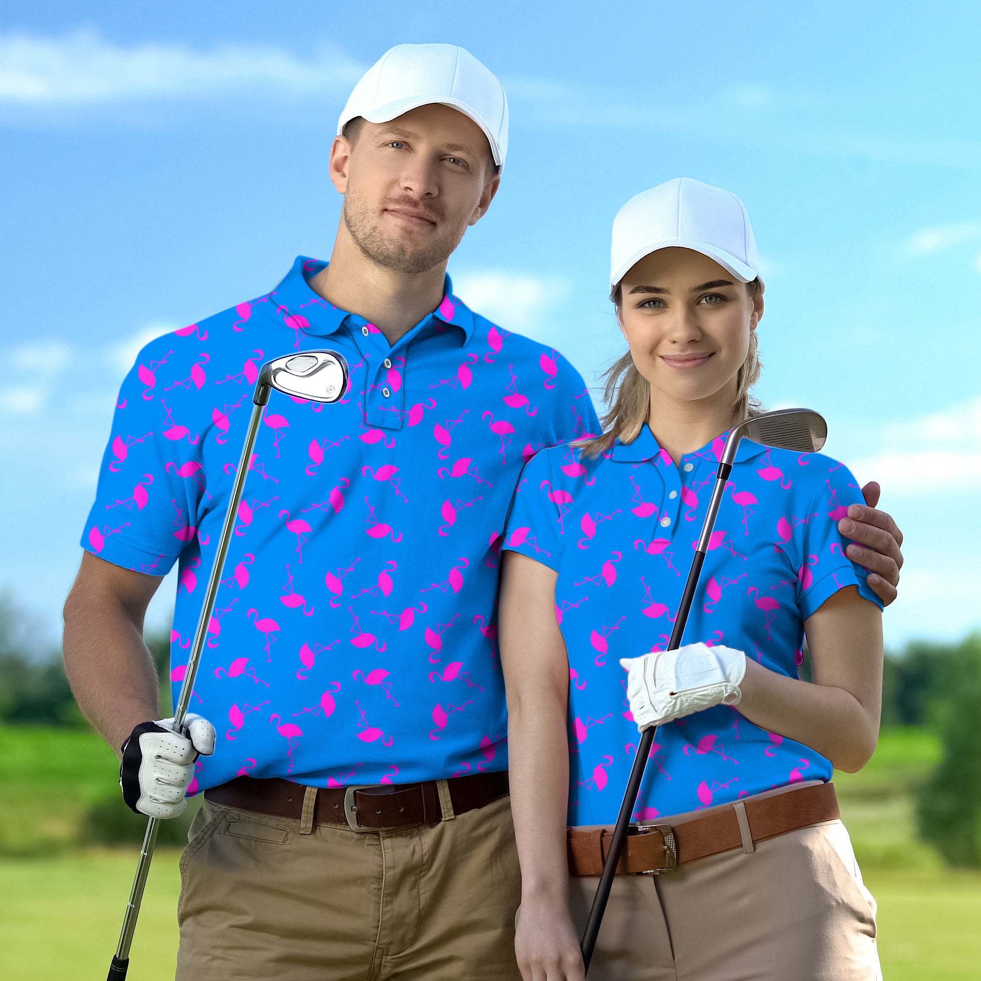 Golf Polo Couple Family set Blue flamingo tournament