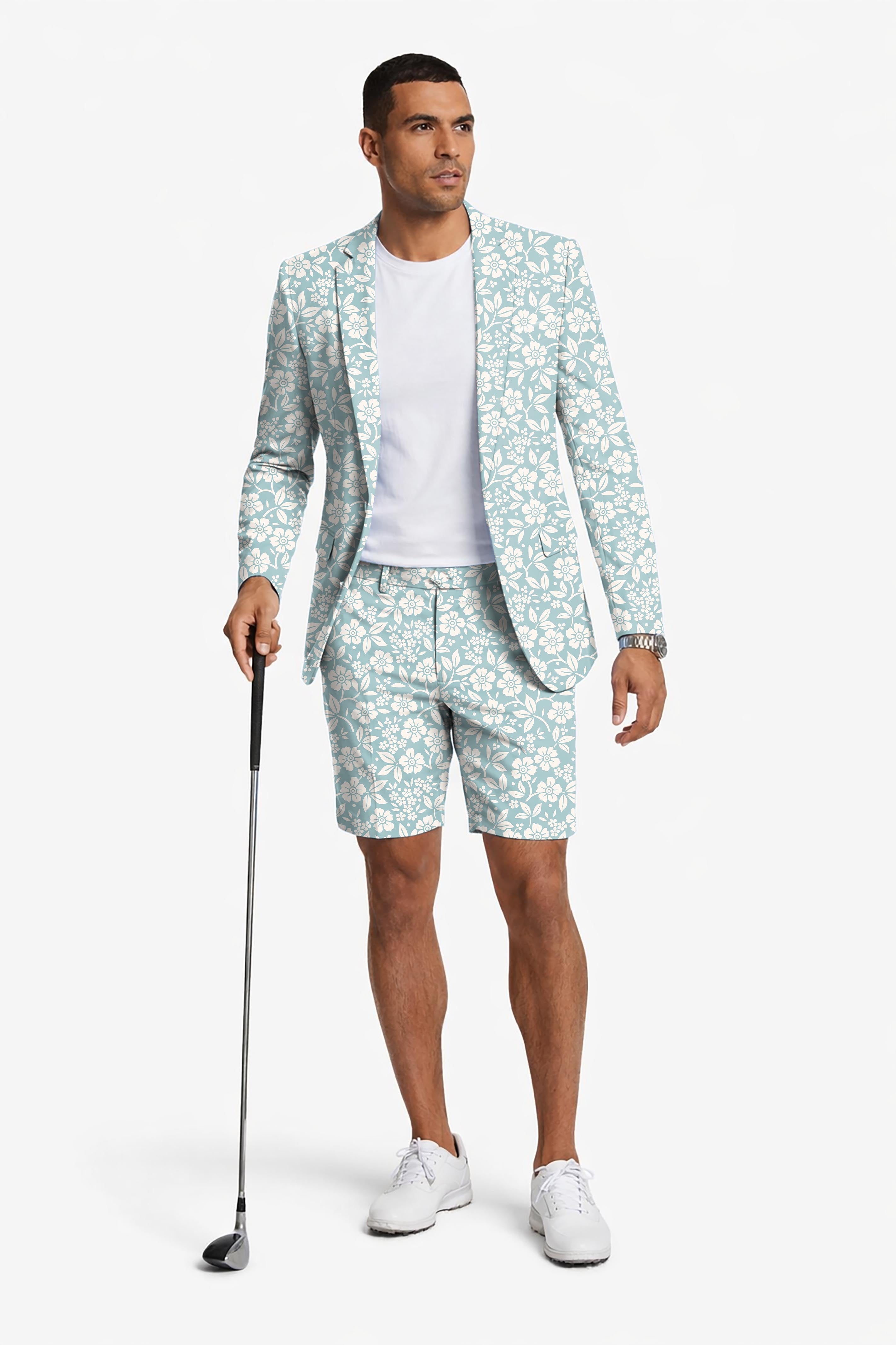 Relaxed Blue Floral Men's Party Costumes-Theme Party 2pcs Suit set-Blazer Shorts