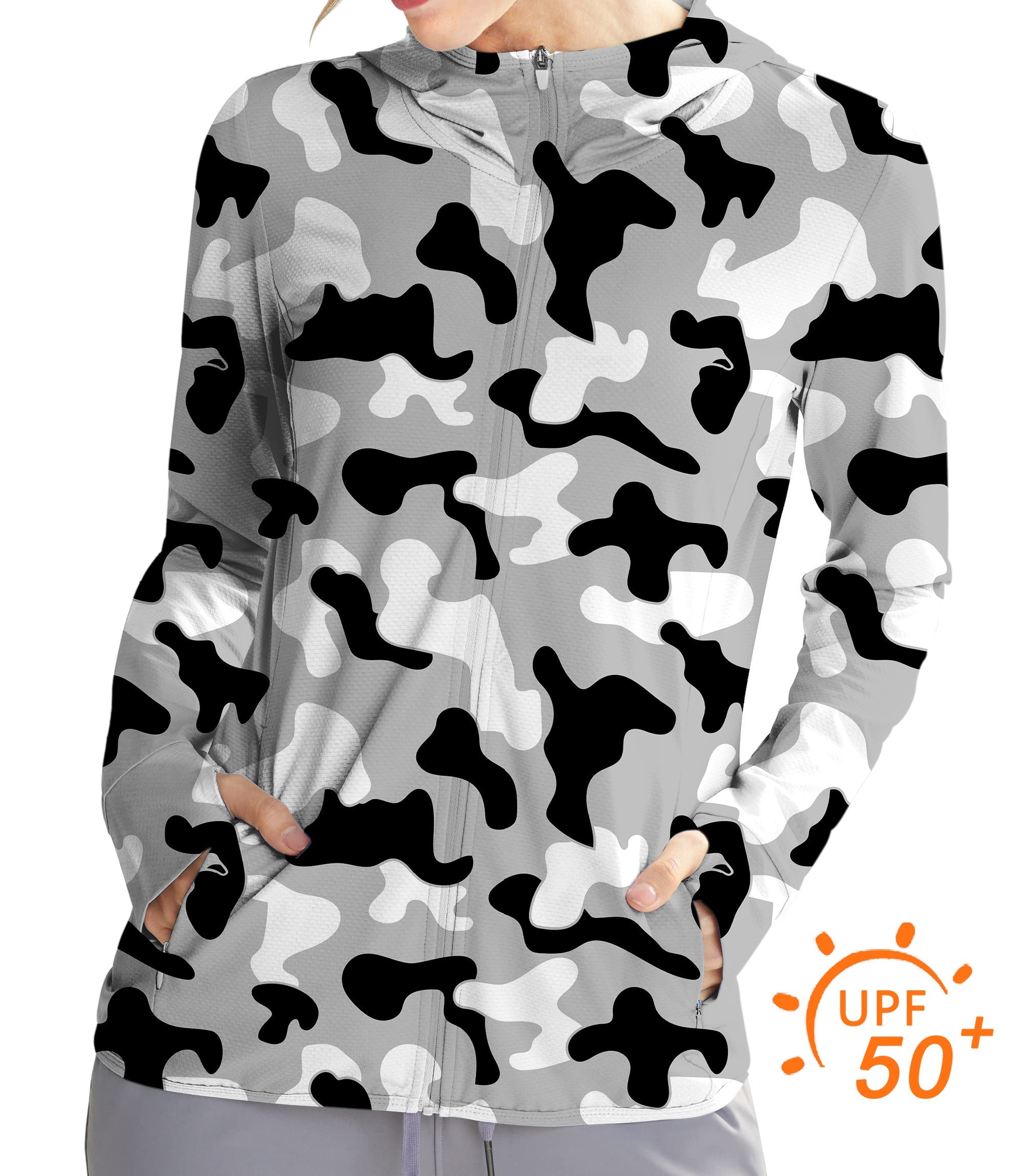Women's outdoor grey camouflage slim fit golf hoodie with sun protection and UPF 50+