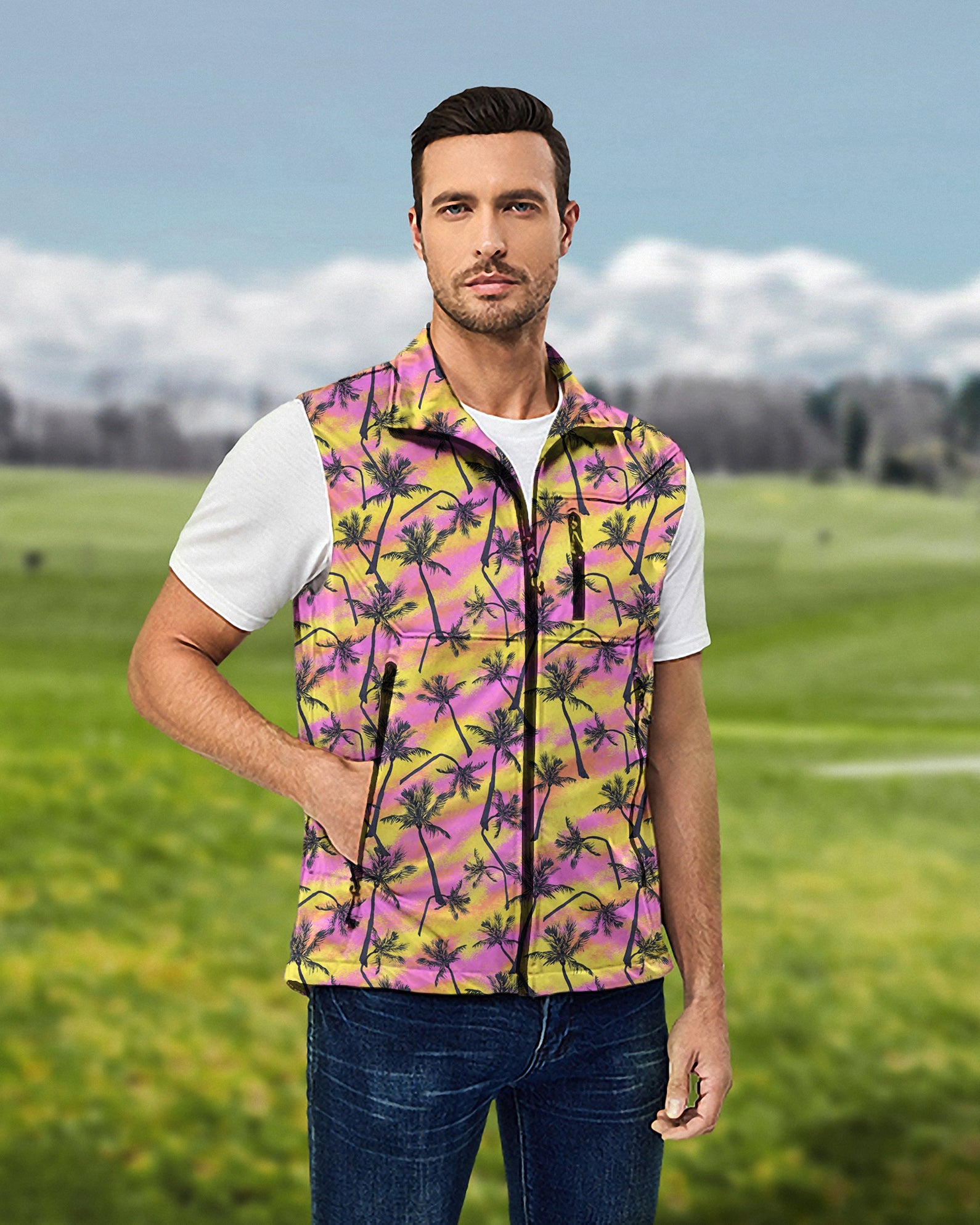 Men's GRAPHIC PRINT Lightweight Softshell Vest Sleeveless Jacket for Golf Windproof Waterproof