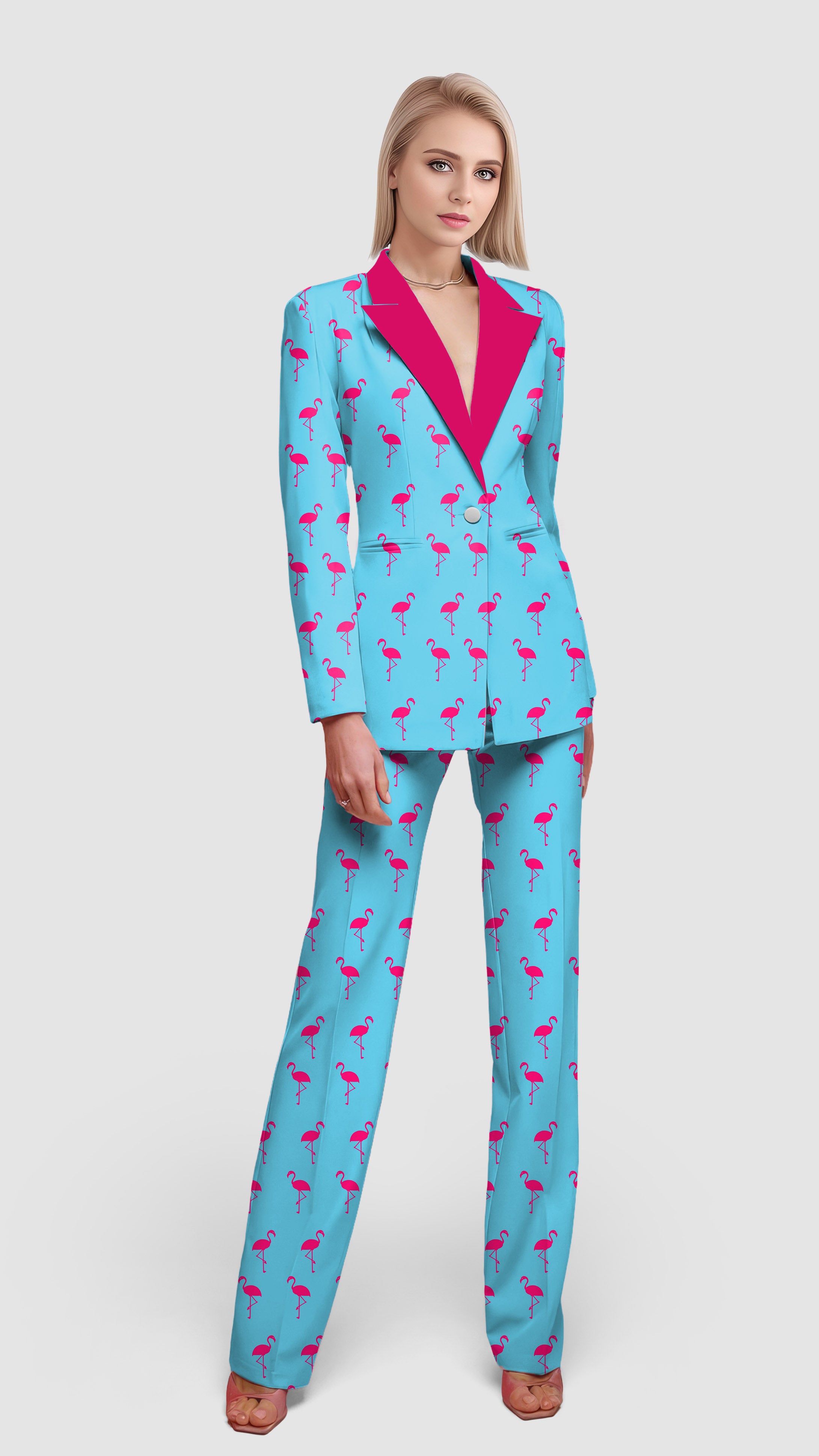 flamingo-Women's Blazer Casual Work Office Blazer Suit set