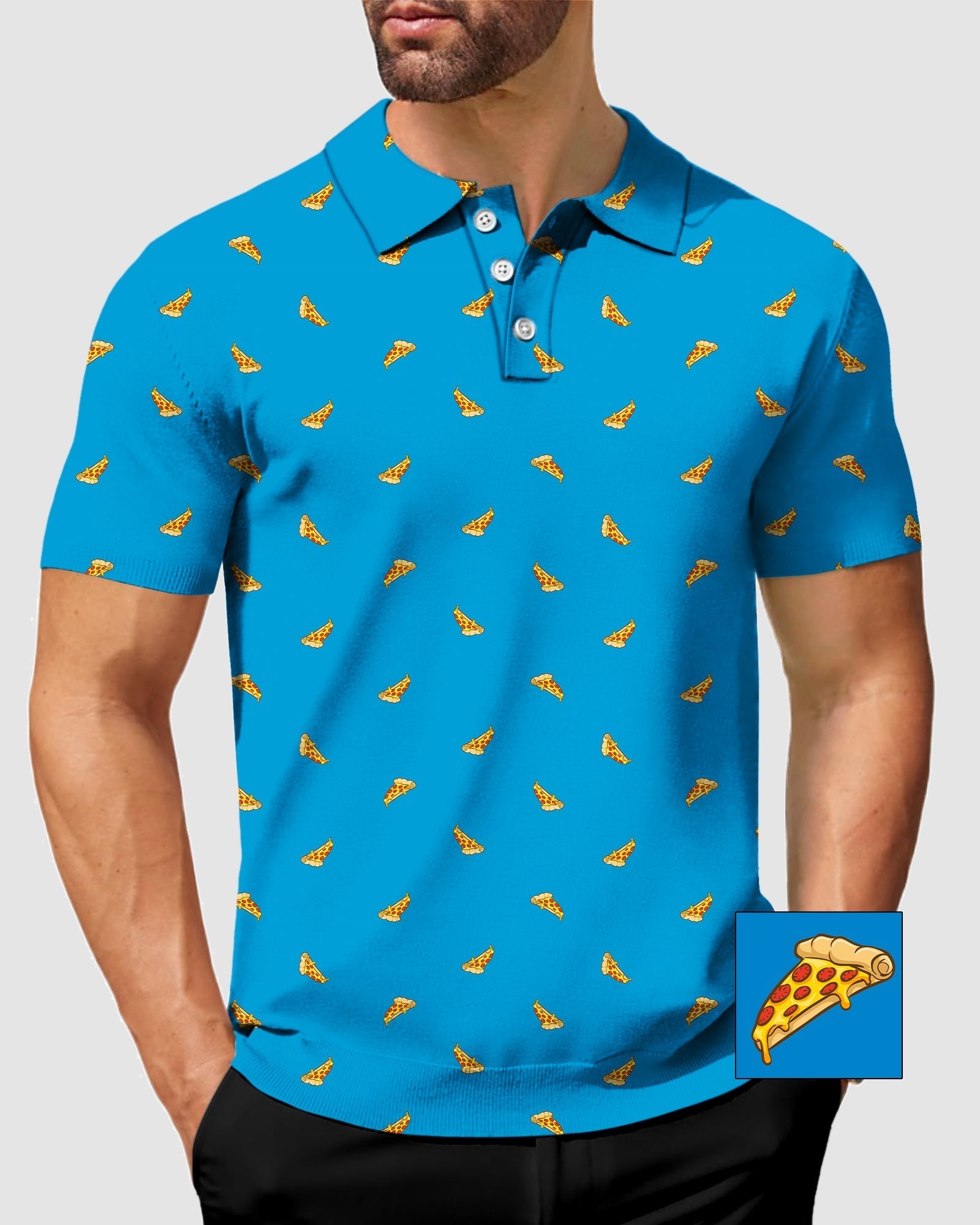 Men's delicious white pizz polo shirt with blue background and small pizza slice prints, classic fit with moisture-wicking fabric and UPF 40+ protection