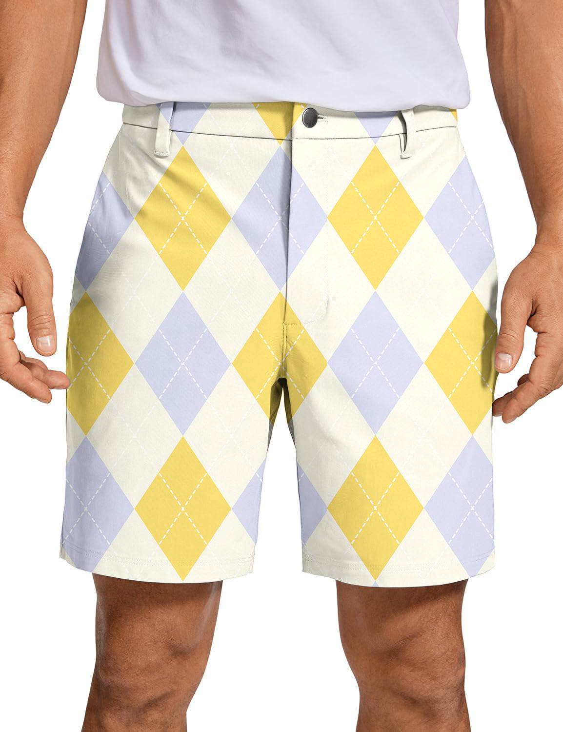 Men's Yollow Argyle golf shorts with yellow and light blue diamond pattern, quick dry and lightweight fabric for performance and comfort