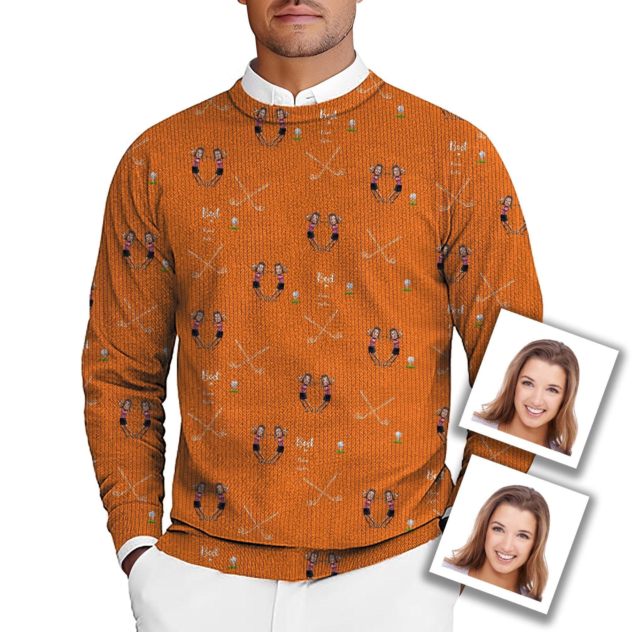 Custom sister photo men's golf crewneck pullover sweater with personalized design and name on orange knit background