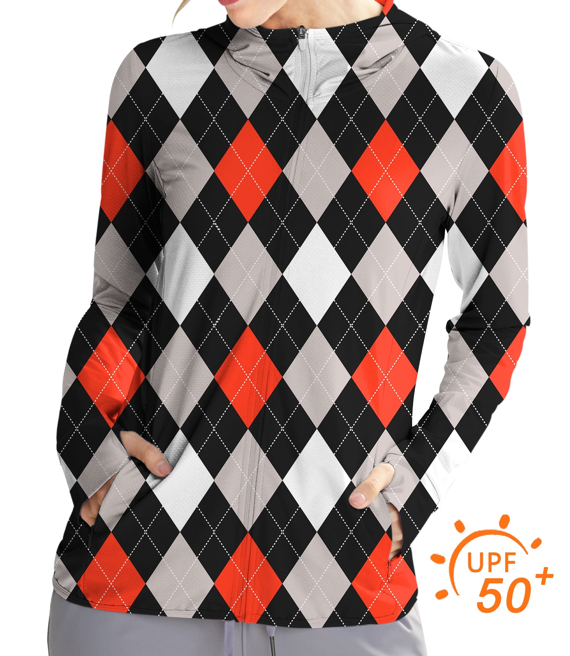 Women's outdoor argyle red black golf sun protection slim fit zip hoodie with thumb holes and UPF 50+ fabric for moisture wicking and UV protection