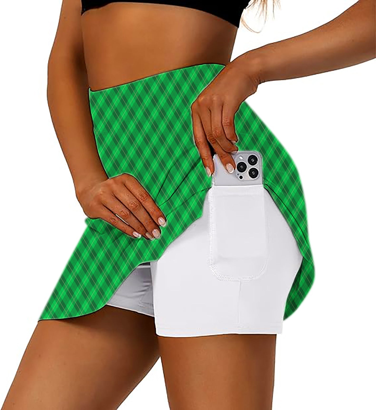 Women's St. Patrick's Day athletic golf skorts with green plaid flared skirt and white shorts with phone pocket