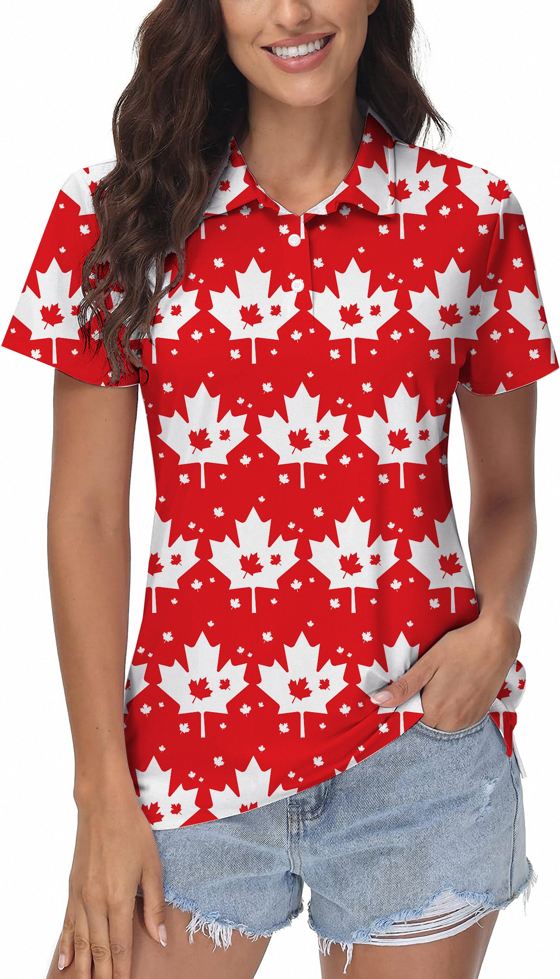 Canadian Maple Leaf Women's Golf Polo with red and white maple leaf pattern, moisture-wicking fabric, four-way stretch, UPF 40+ protection, and wrinkle resistant design.