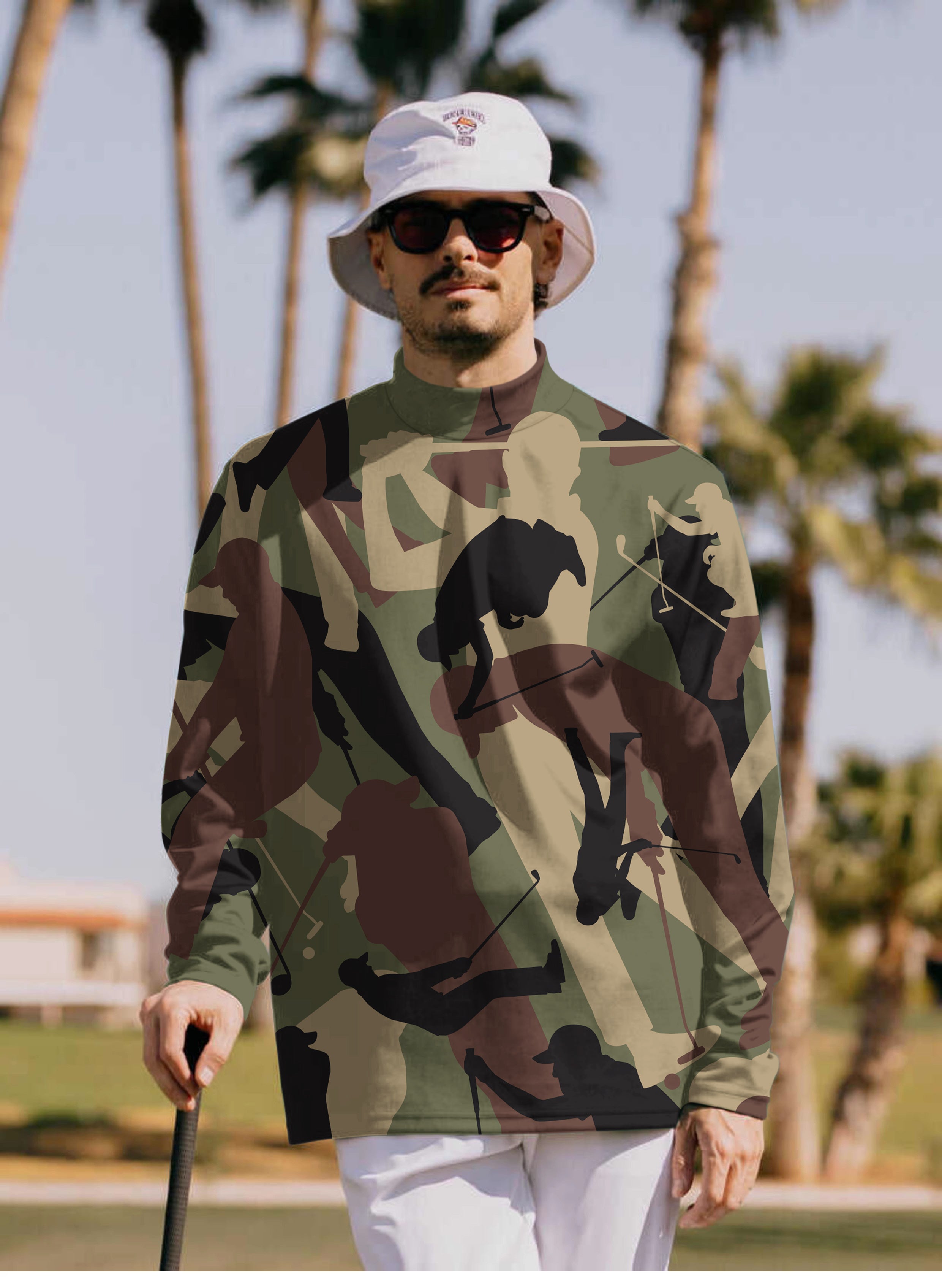 Men's army green golf pullover high neck long sleeve shirt with camouflage pattern