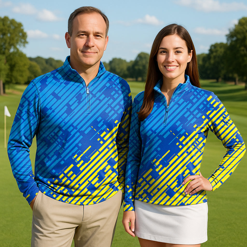 Couple wearing blue yellow sport team 3/4 zip long sleeve golf tops on golf course