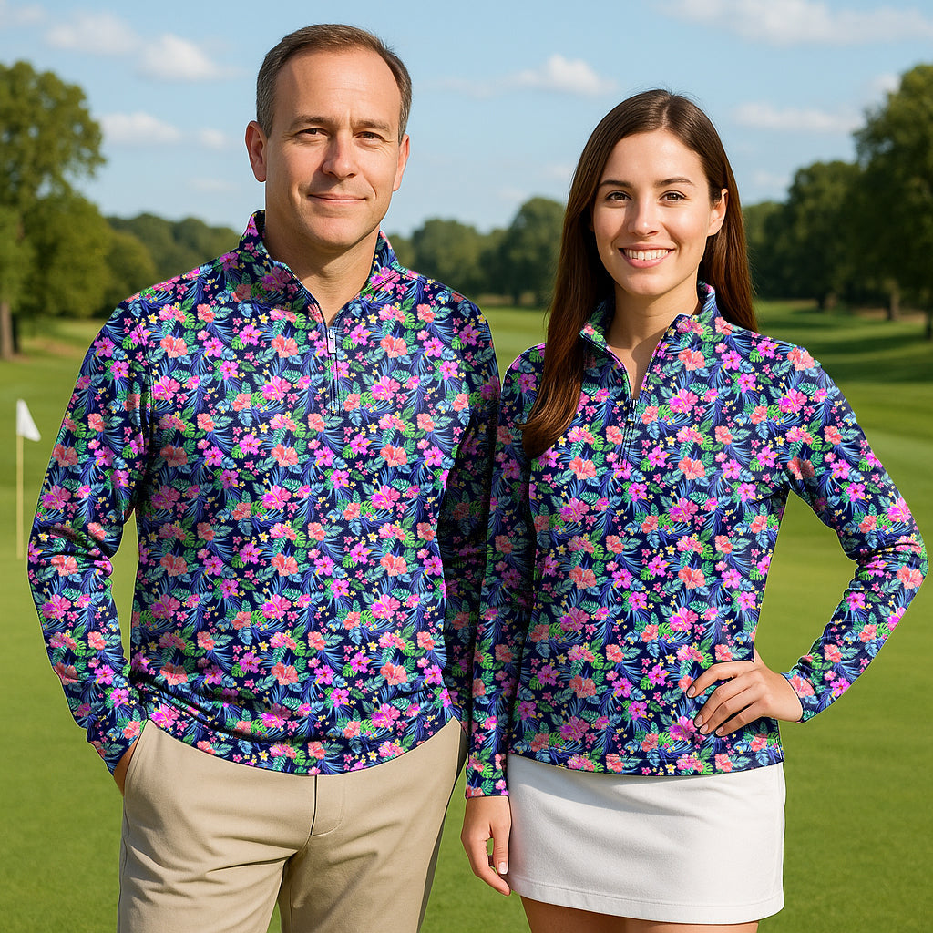 Couple wearing tropical flowers golf 3/4 zip tops with long sleeves on golf course