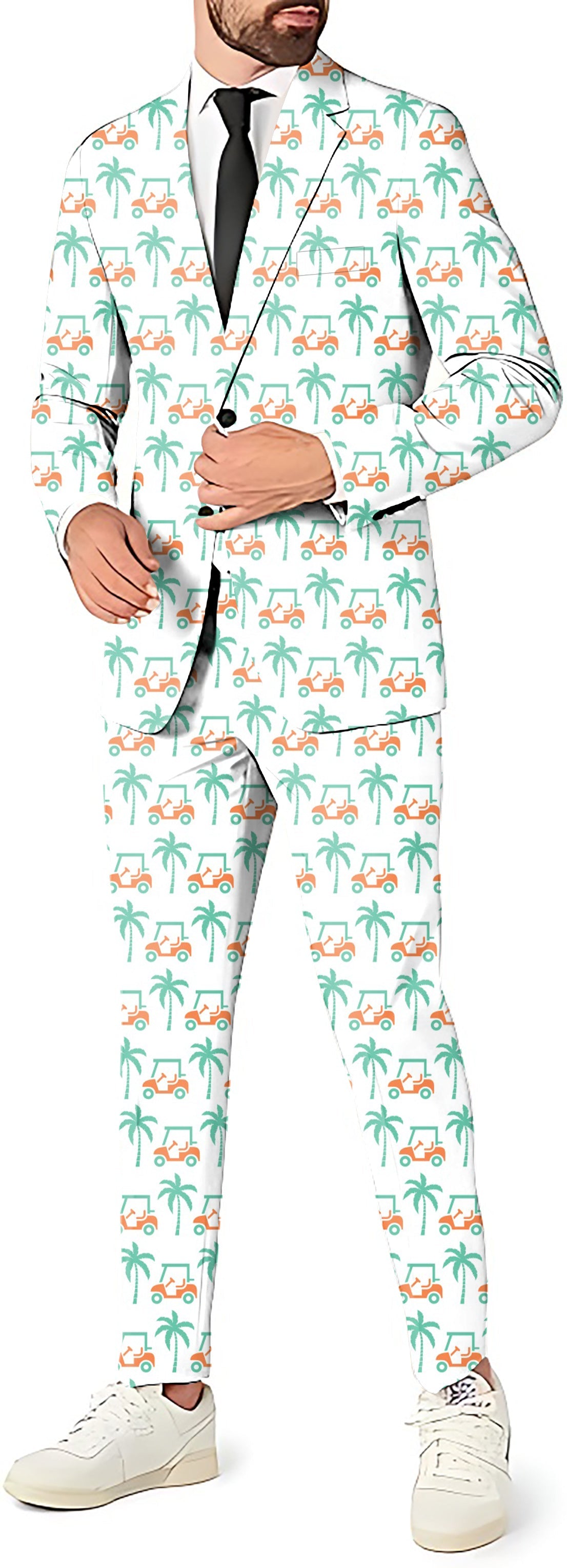 Men's Summer Swings party suit with palm tree and golf cart print, blazer, pants, and vest set