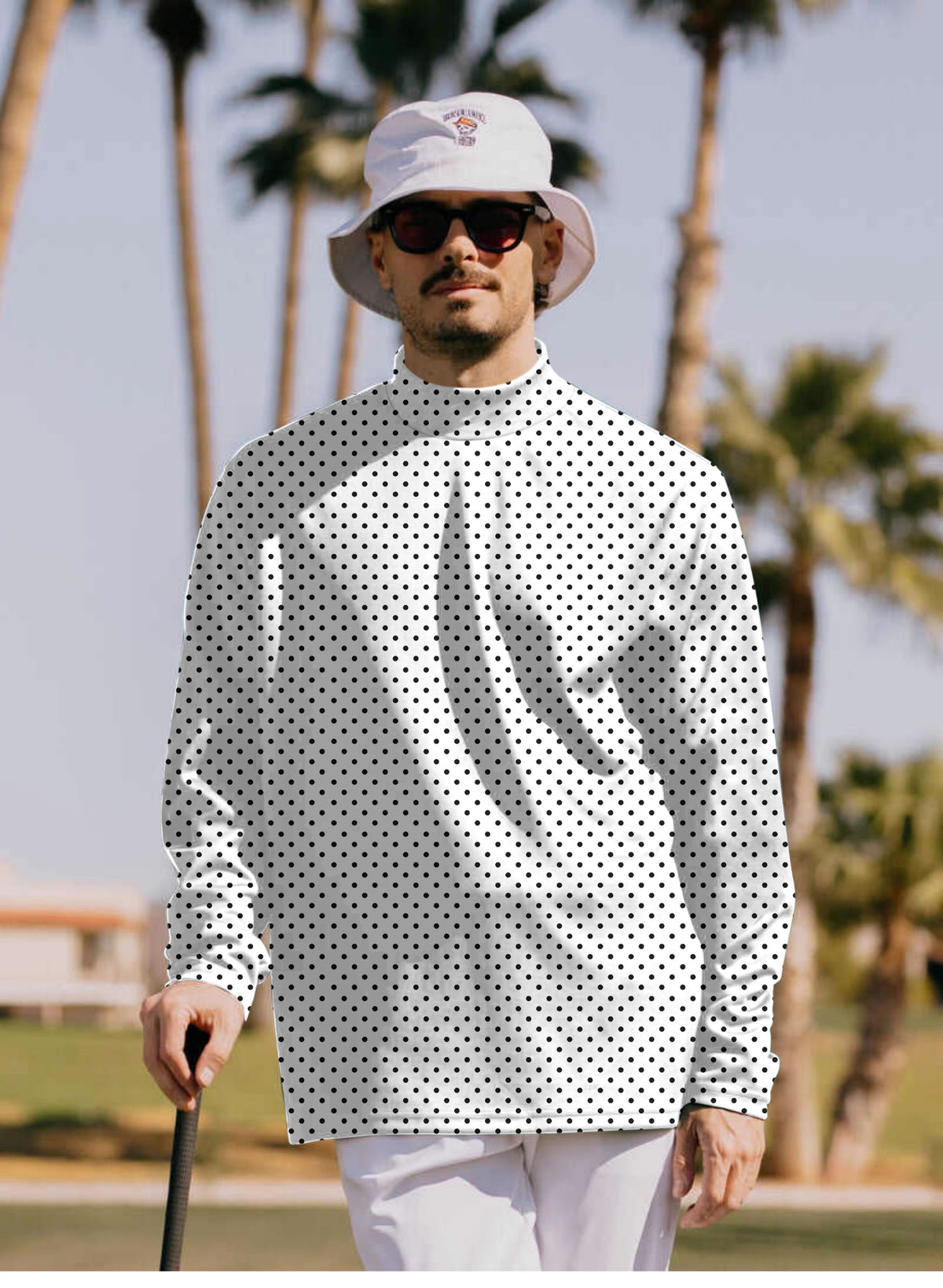 Men's Black polka dots white background Mock Neck Long/Short Sleeve Golf Tops