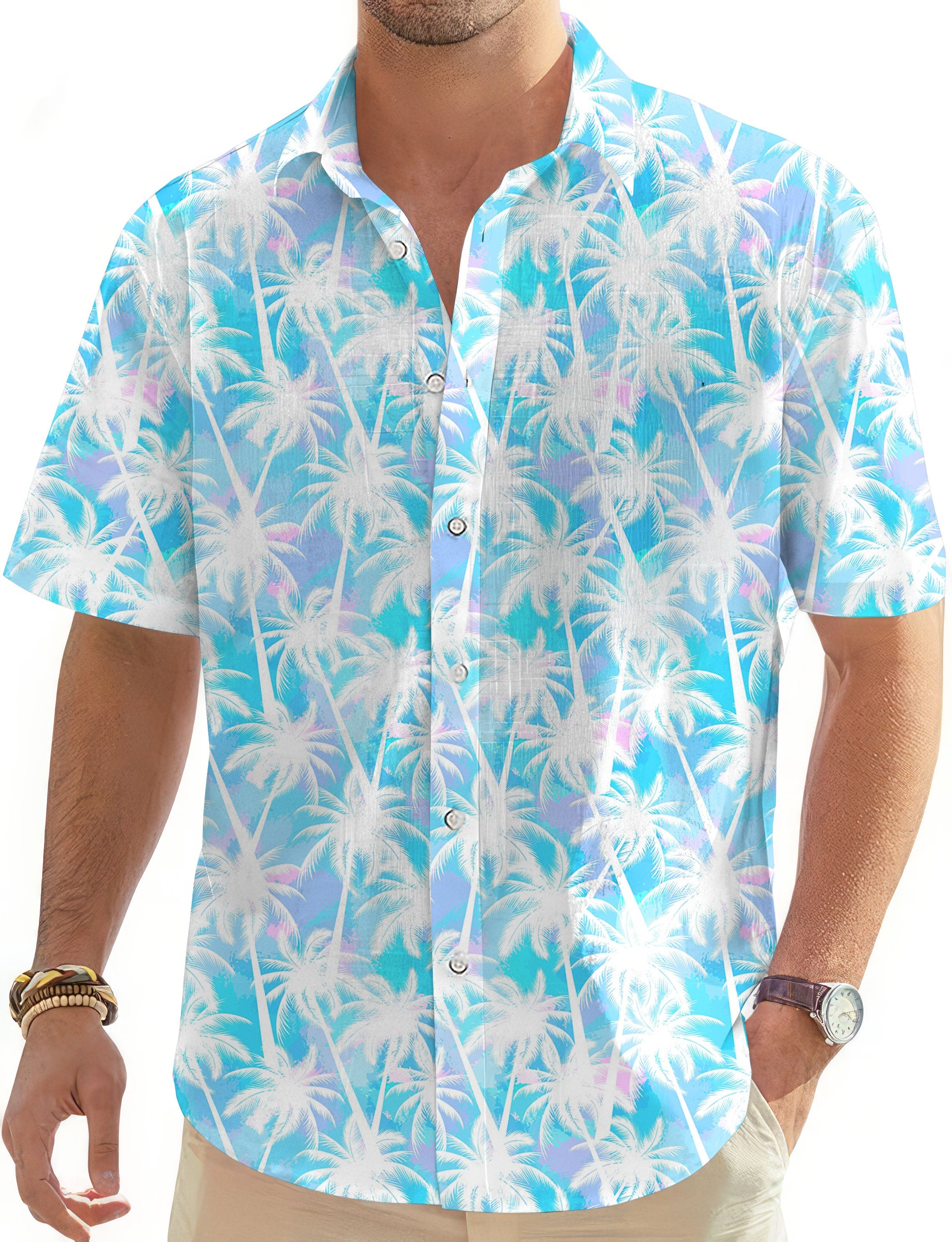 Men's Jungle Palm tree Hawaiian golf shirt with button-down design and short sleeves