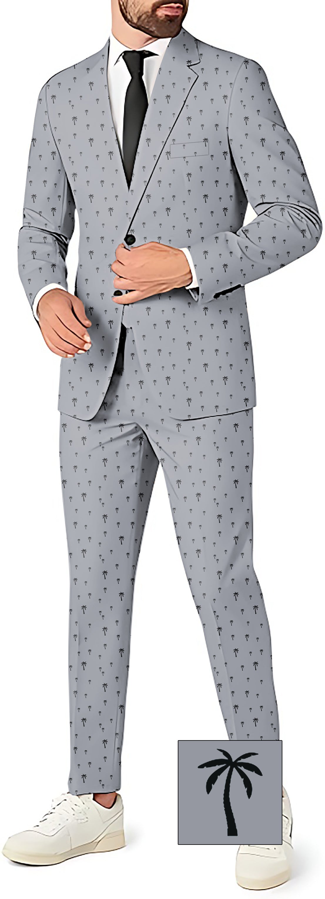 Men's Coconut Palm Custom grey blazer and pants suit set with palm tree pattern for theme parties