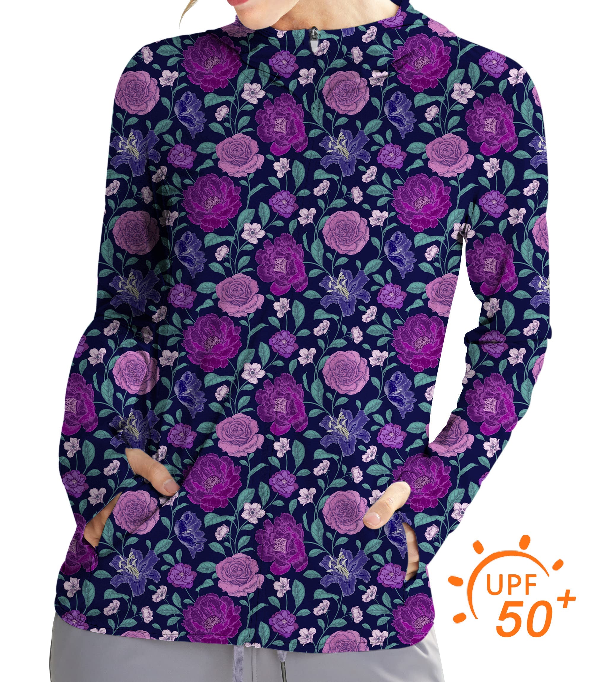 Women's outdoor purple floral slim fit golf sun protection zip hoodie with UPF 50+