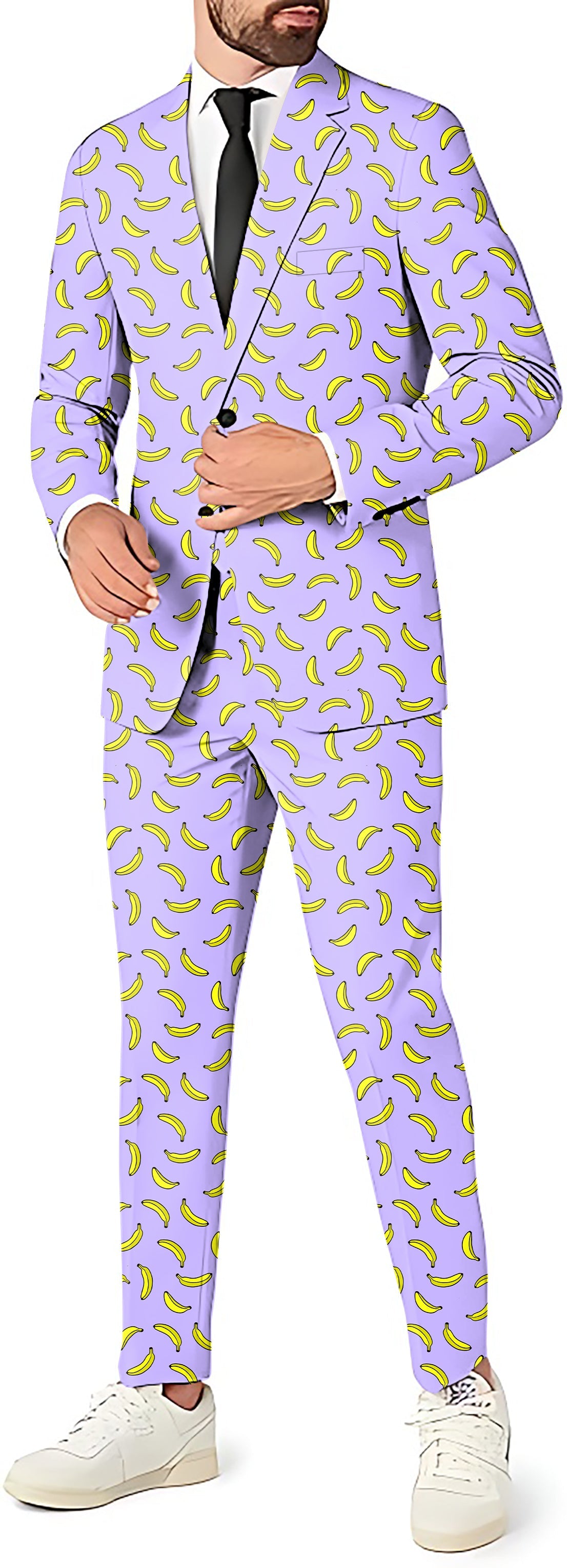 Taro Purple Banana Men’s Party suit with blazer and pants featuring purple fabric with yellow banana print