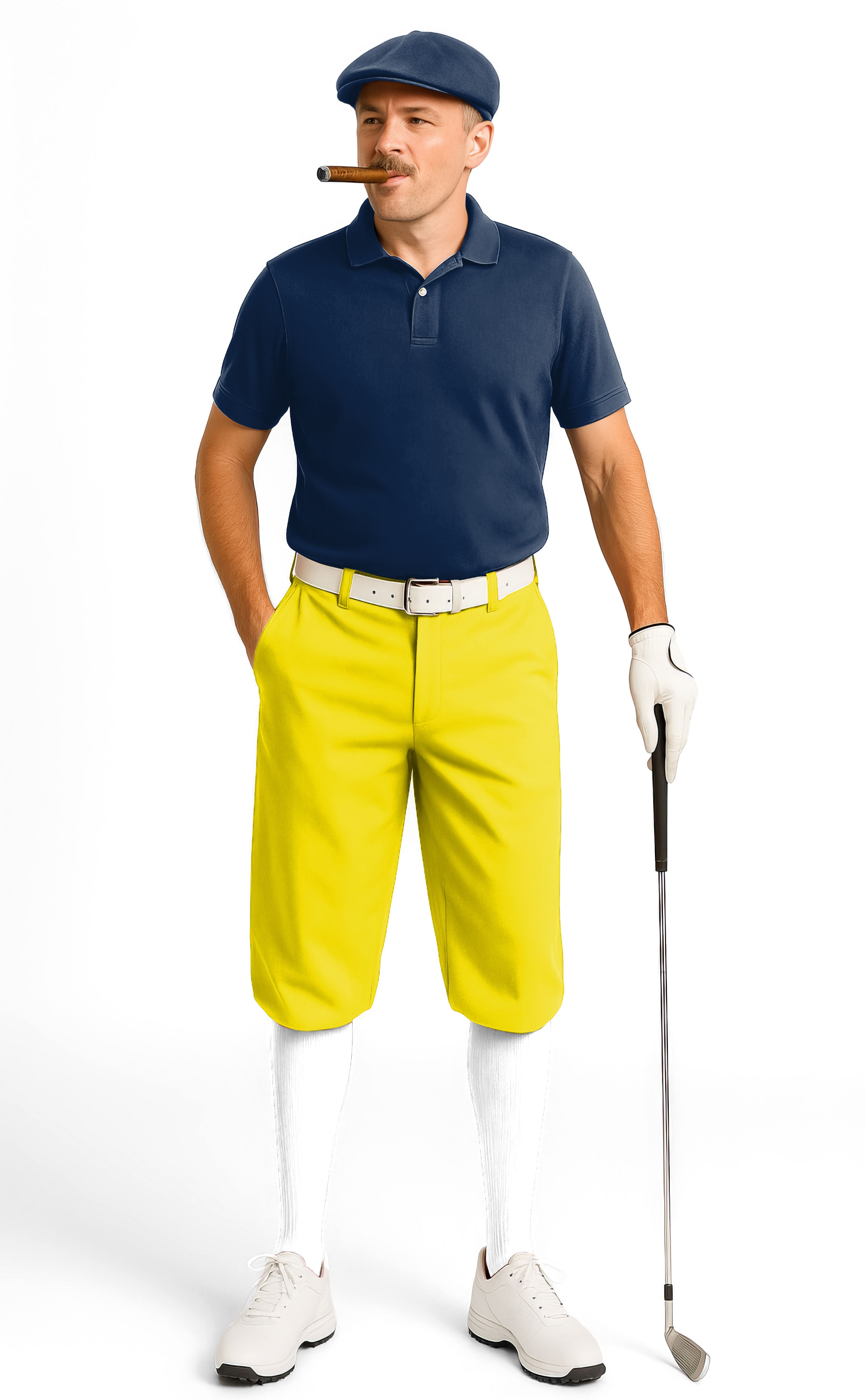 Man wearing yellow men's golf knickers pants with navy polo and golf glove holding club