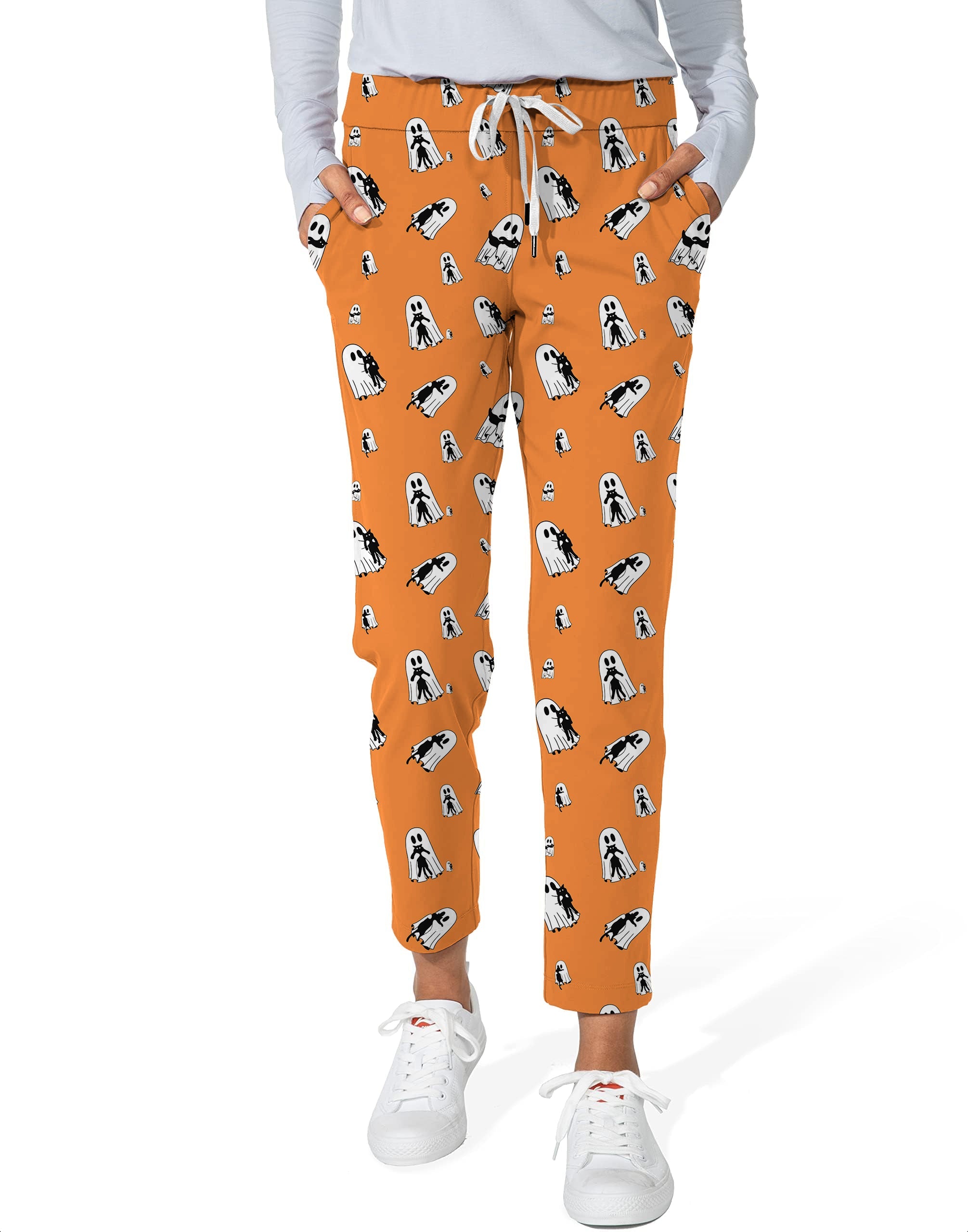 Women's Halloween Ghost Hug orange stretch ankle golf pants with ghost print