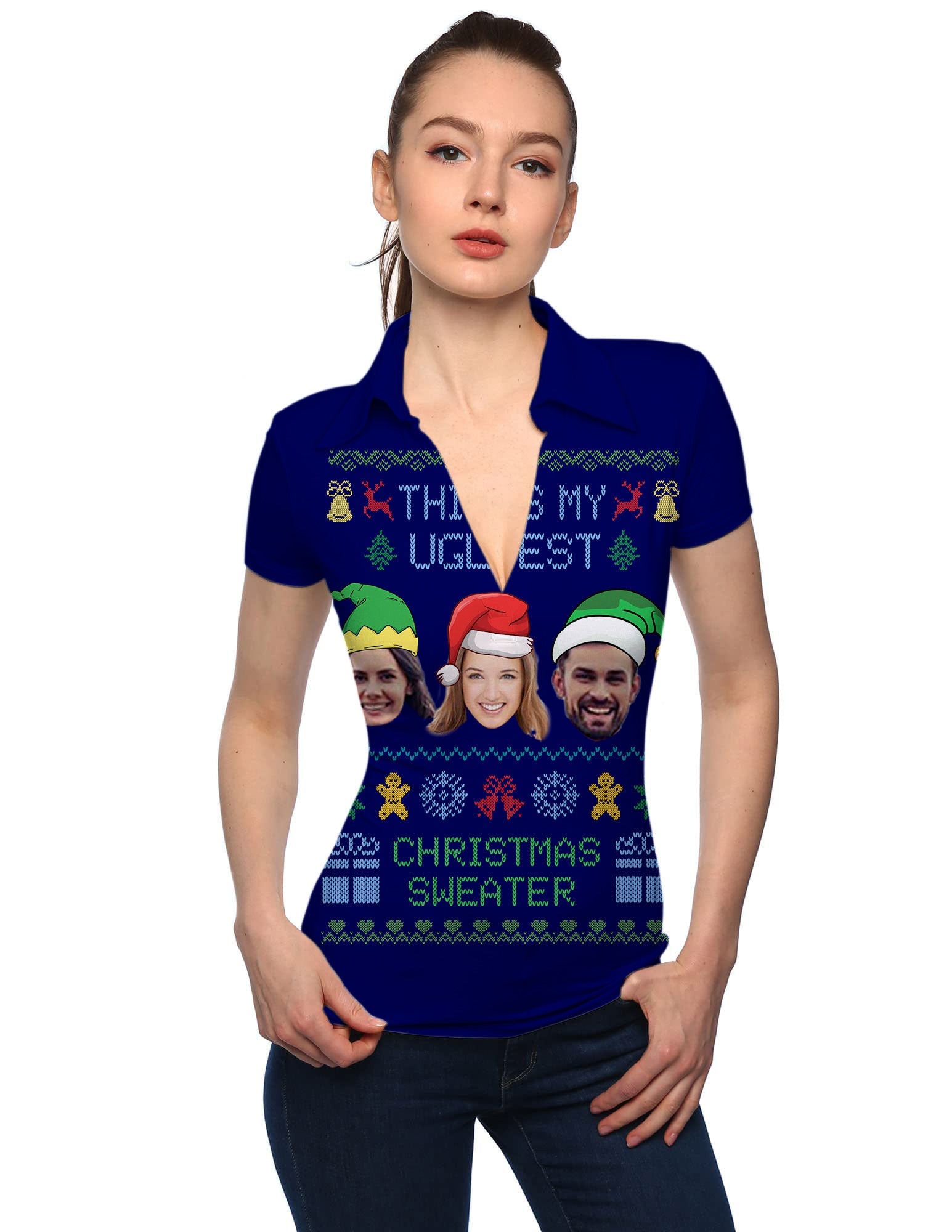 Women's navy Christmas custom face V neck golf polo shirt with short sleeves and festive design