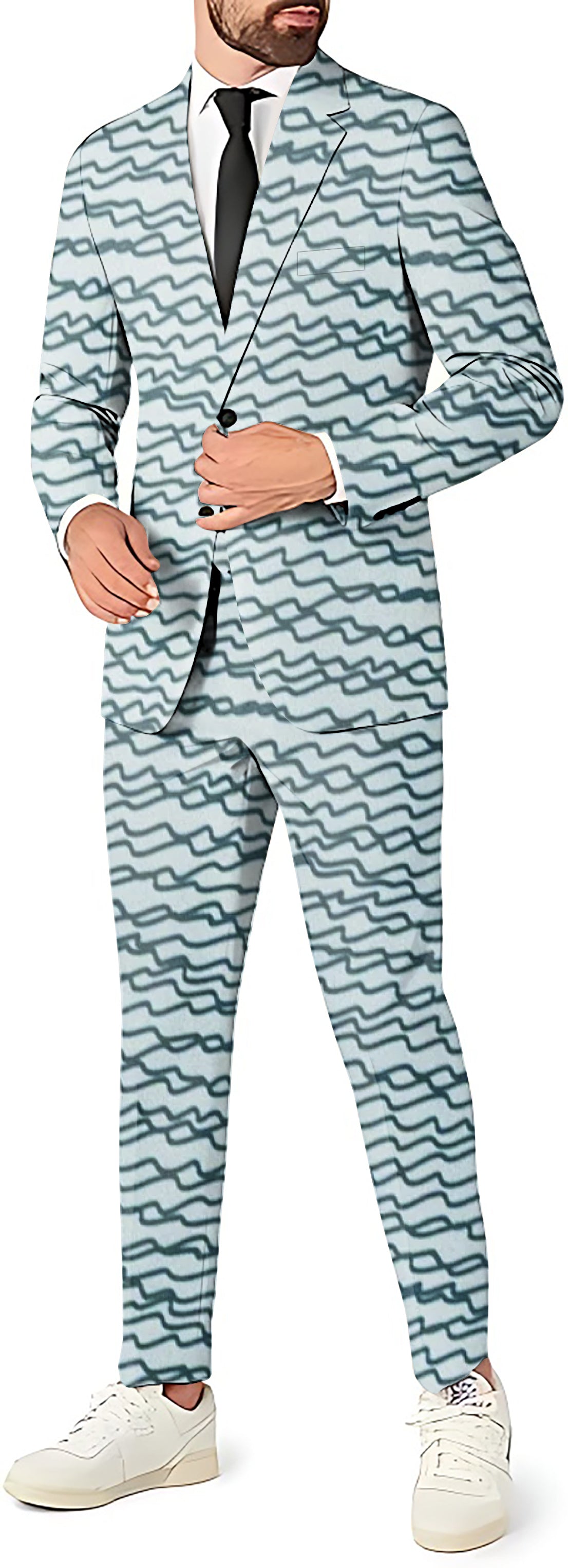Men's suit with green irregular wavy lines pattern, blazer, pants, and vest set for theme parties