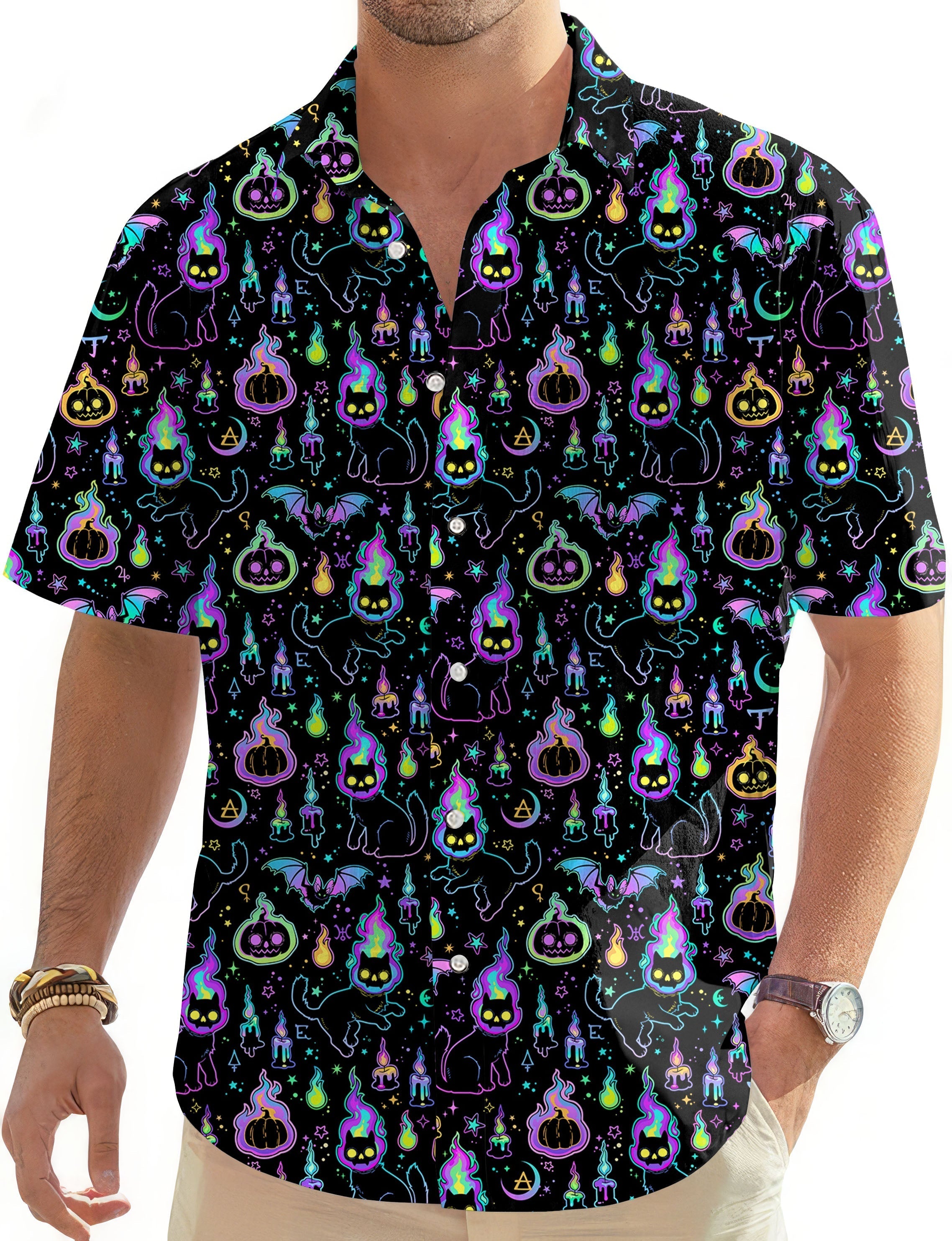 men's Halloween ghost pumpkin cat print Hawaiian golf button down shirt