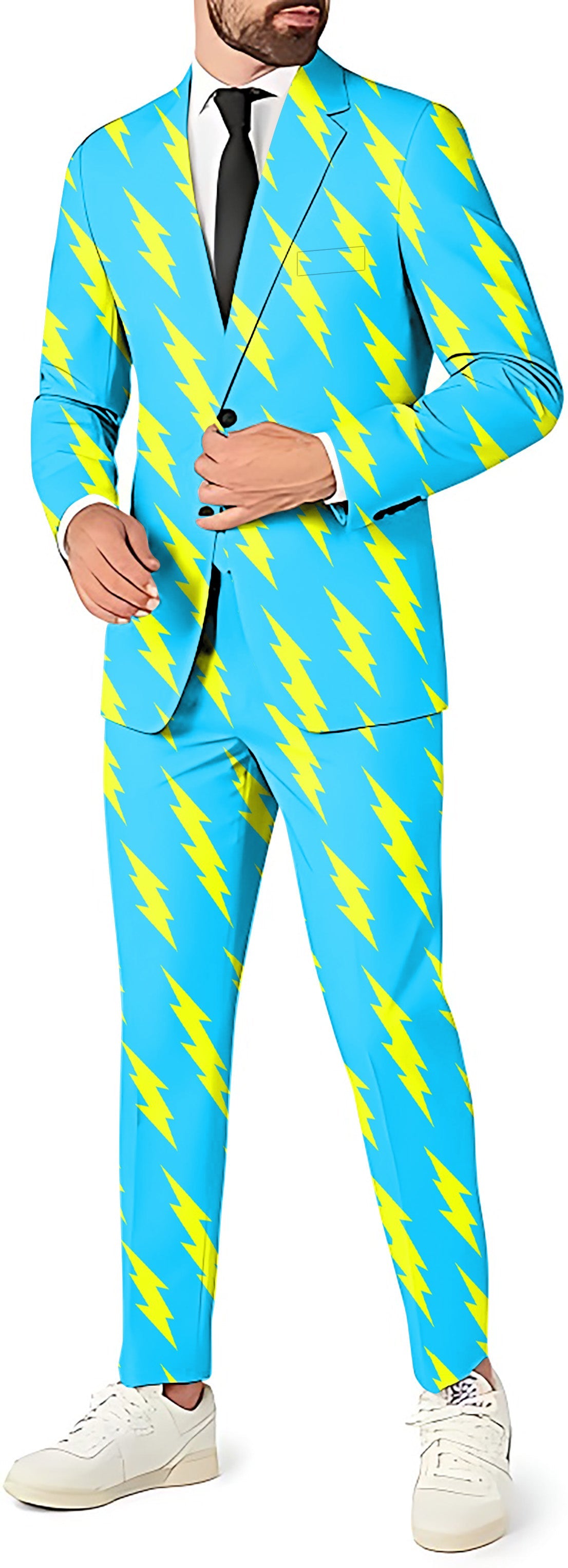Lightning Links men's blue suit with yellow lightning bolt pattern blazer, pants, and vest party costume set