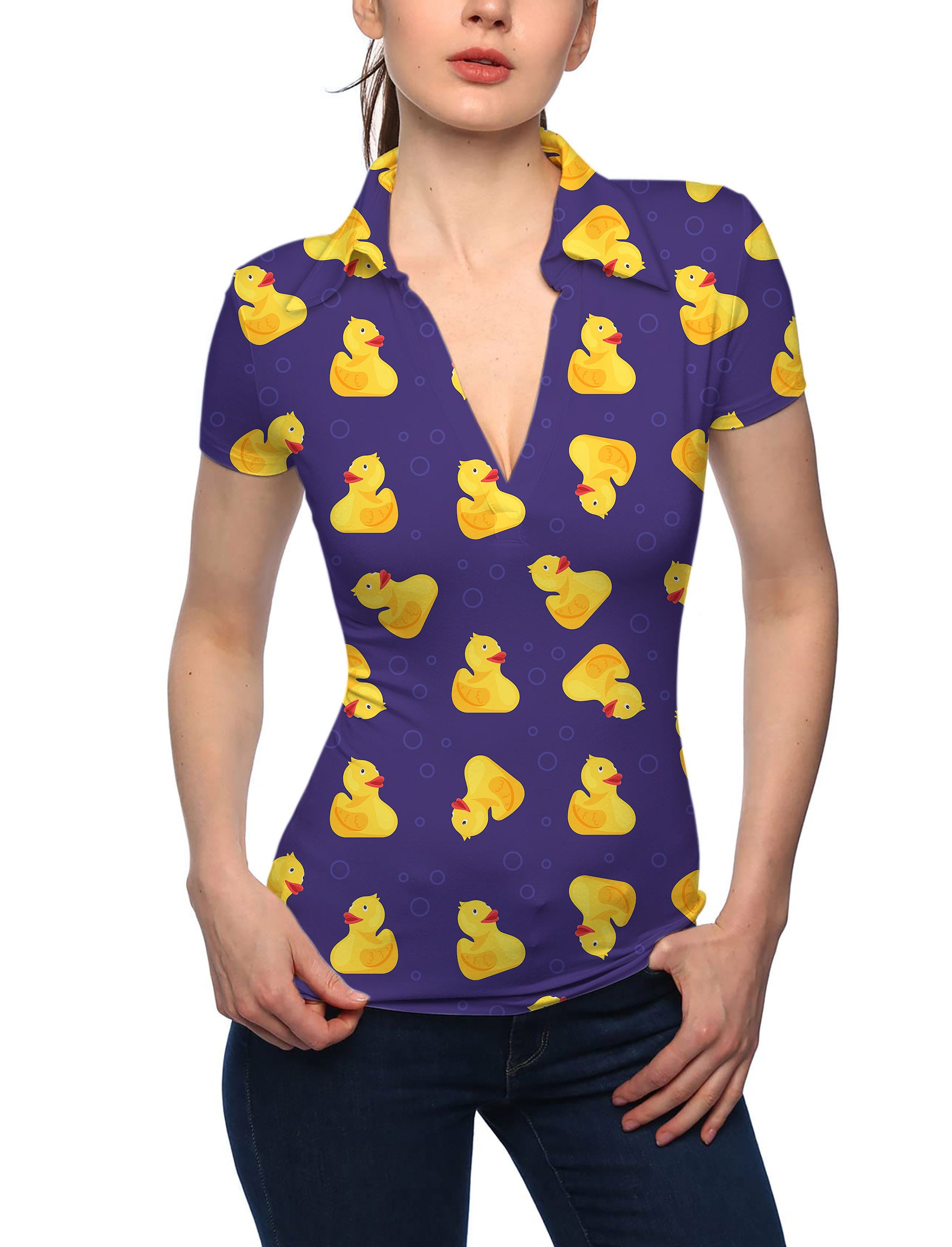 Women's Yellow duck V Neck Golf Polo