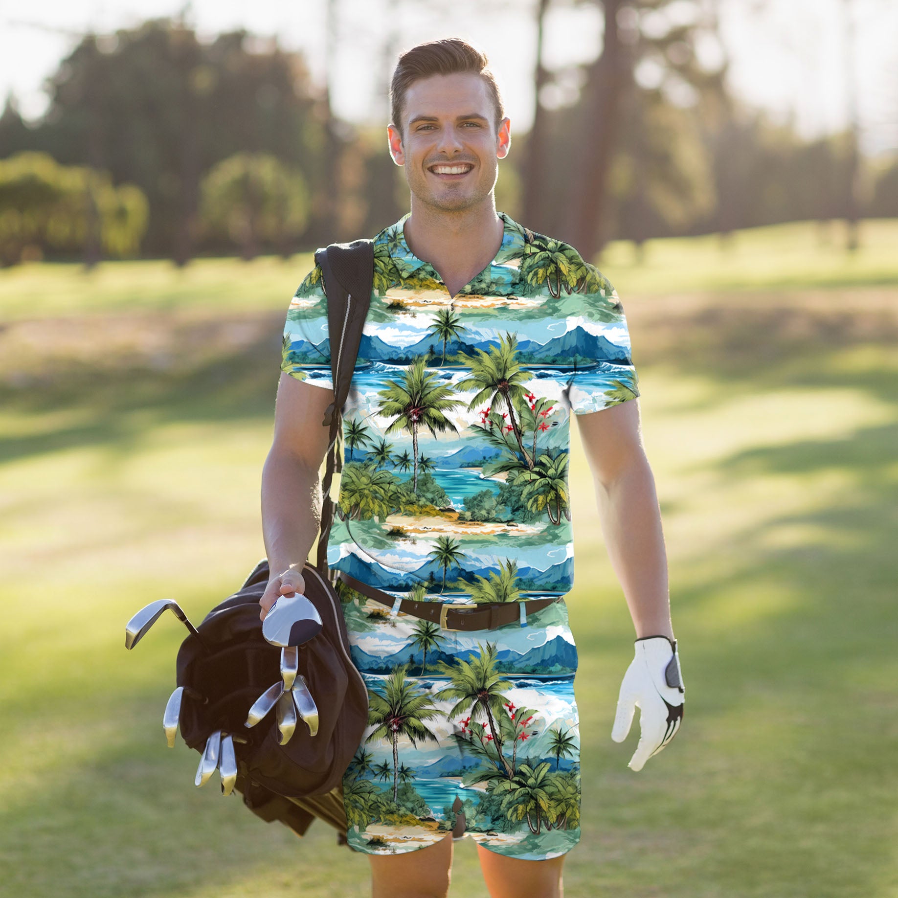 Men's Golf Set Polo+Shorts Hawaii palm tree