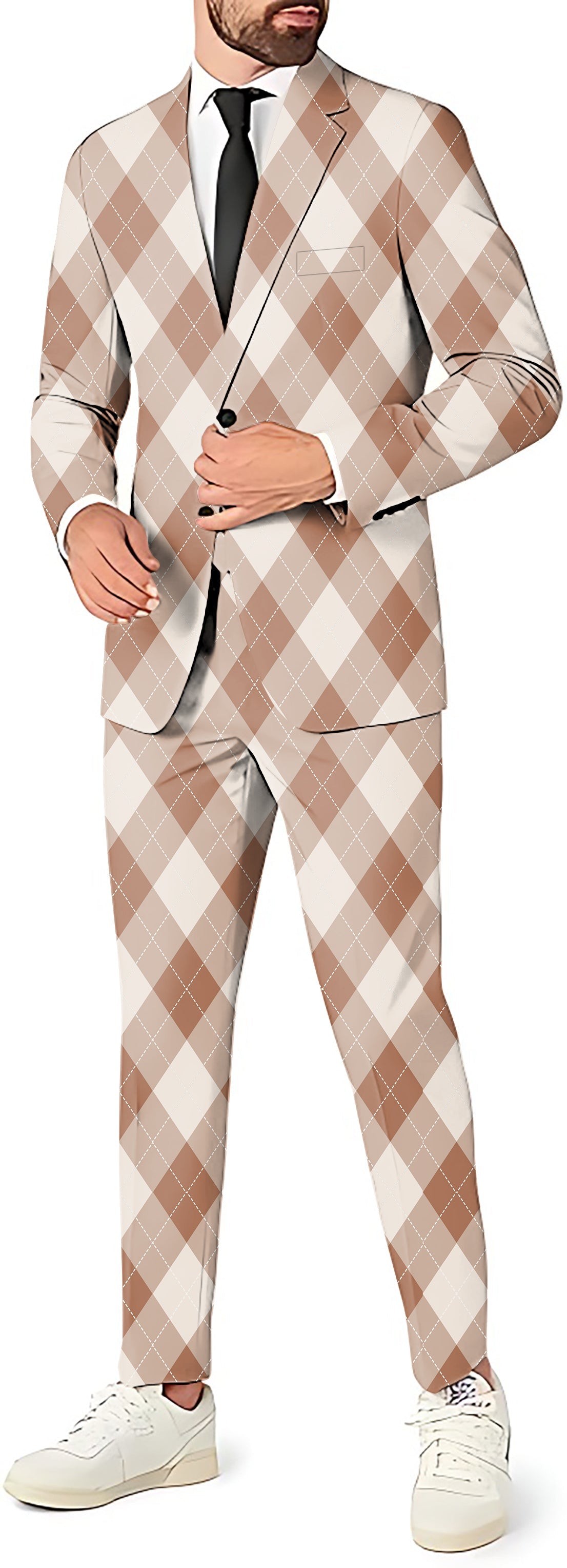 brown Argyle men's 3-piece suit set with blazer, vest, and pants for theme parties
