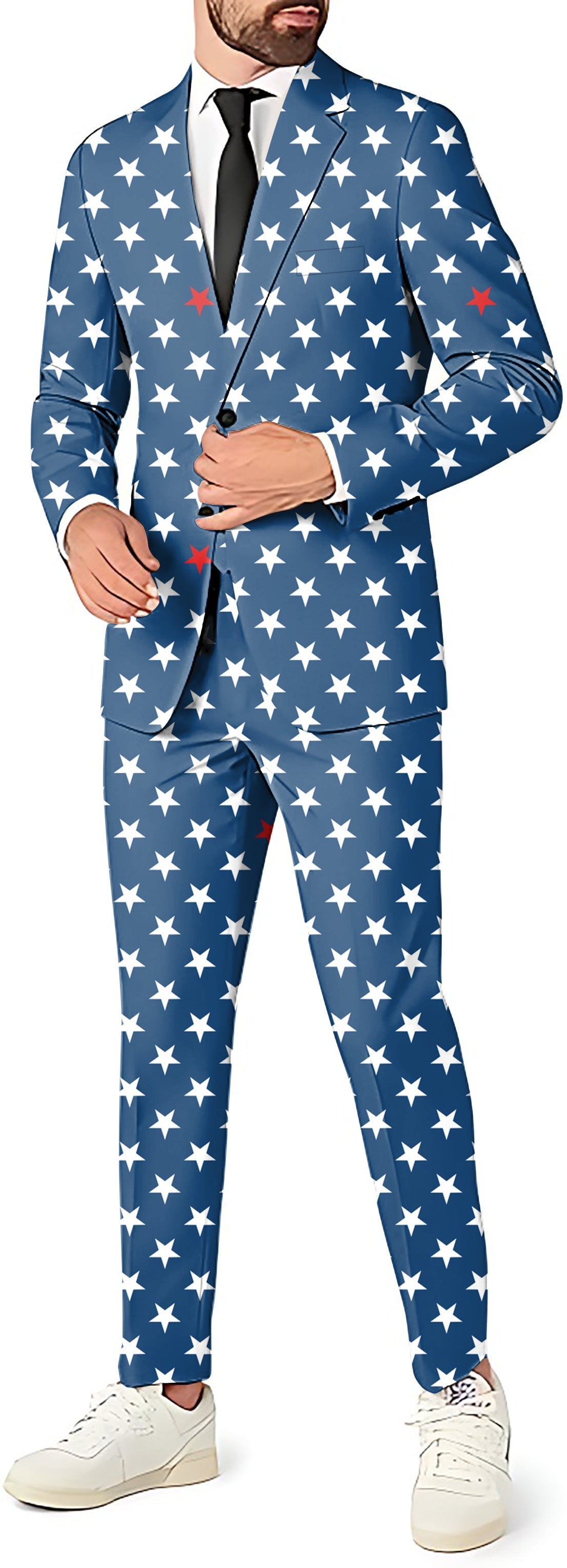 Proud Stars Men's party costume suit set with star-patterned blazer, pants, and vest in slim fit style