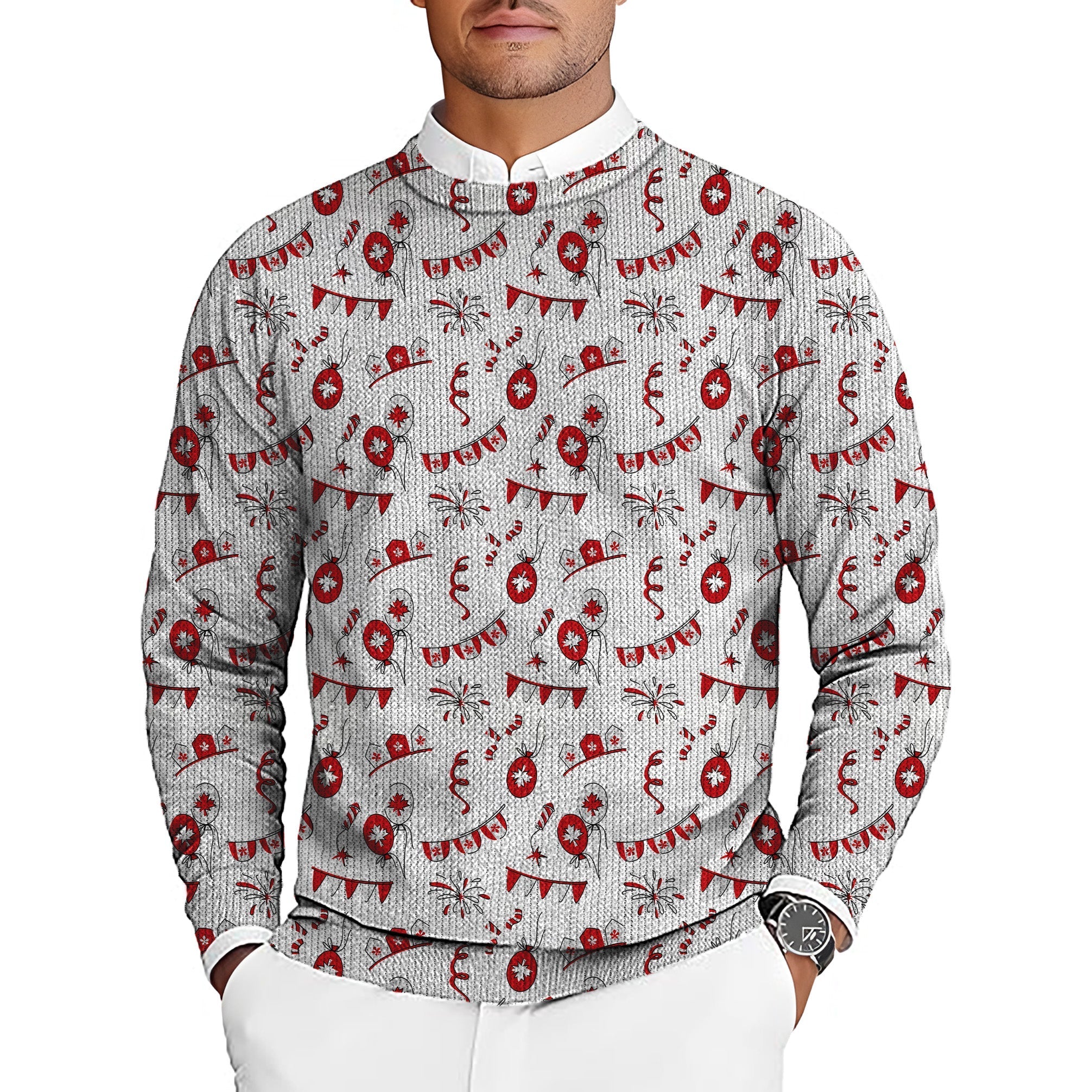 Men's golf pullover sweater with Canadian Flag Celebration design and crewneck style