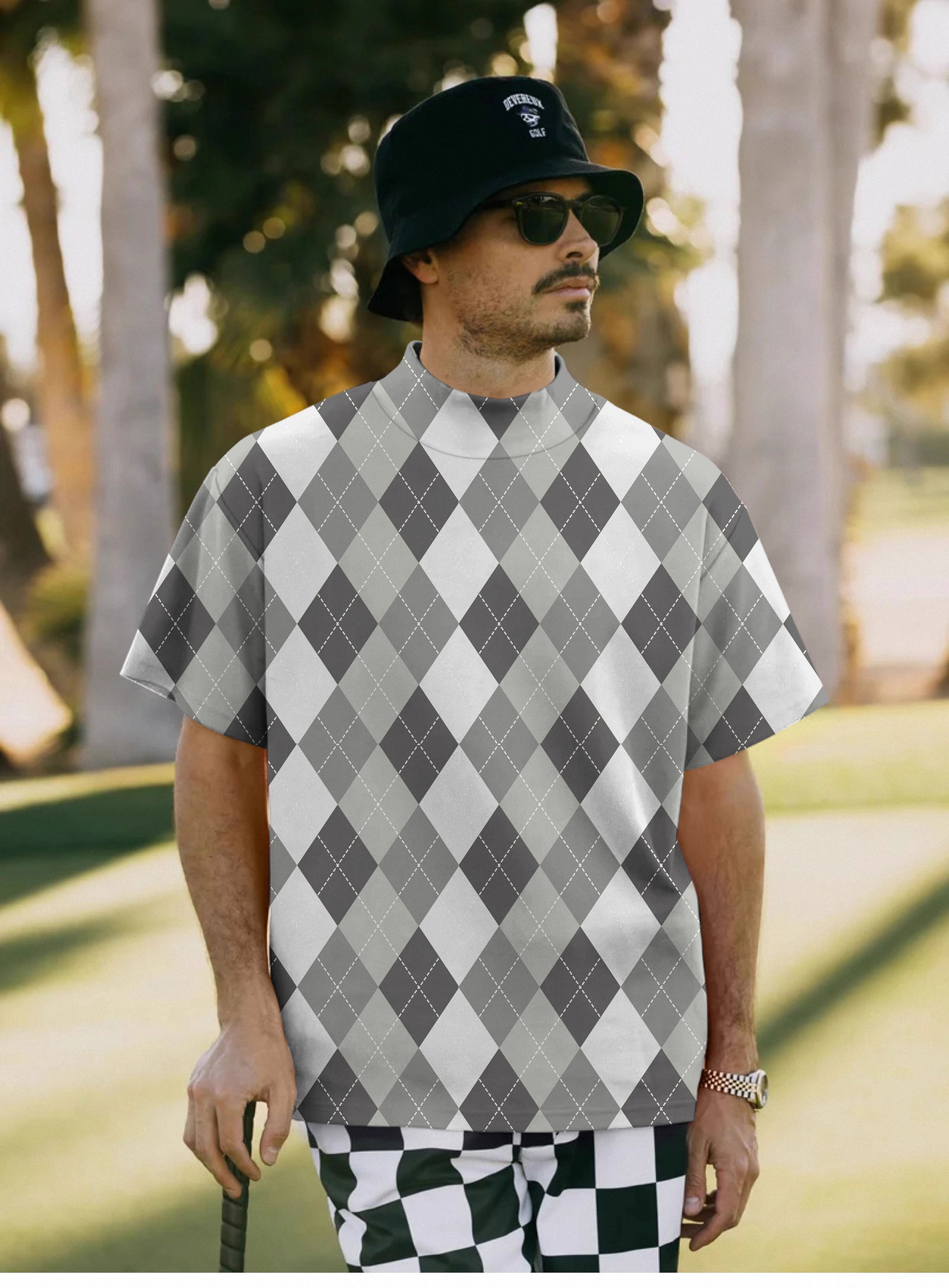 Men's grey Argyle Pullover High neck Long/Short sleeve T-Shirt