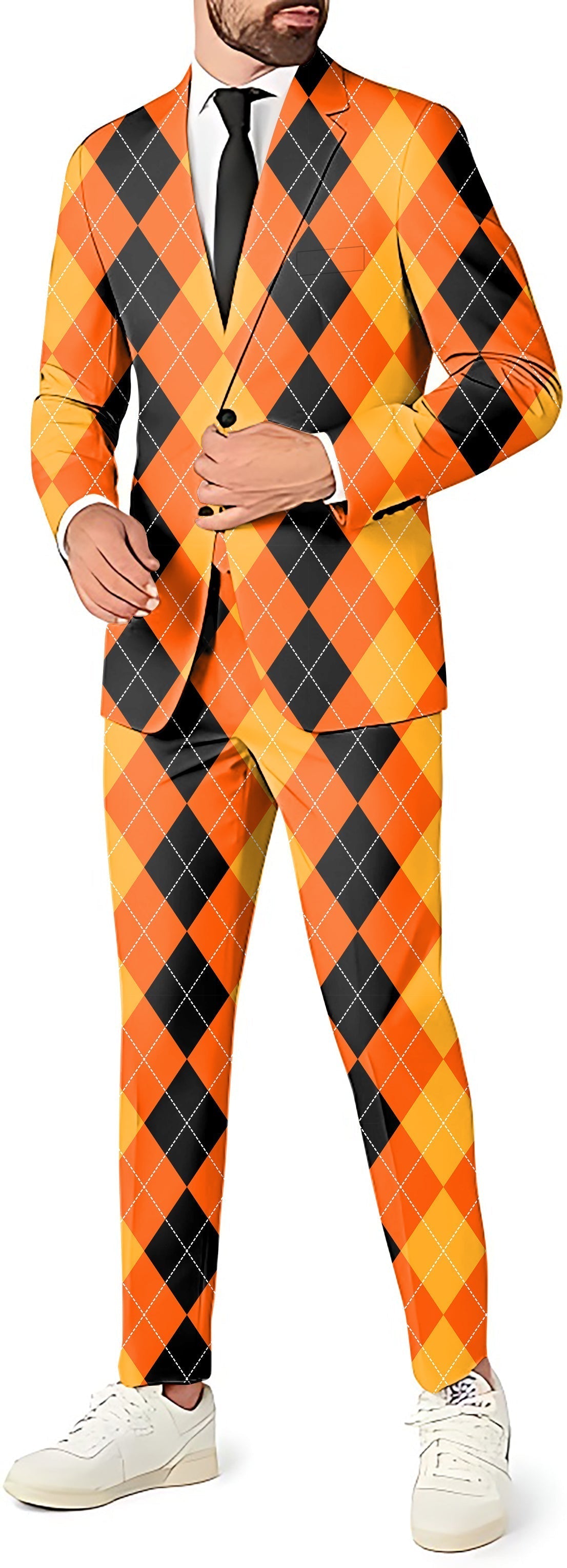 Halloween black yellow orange argyle men's blazer and pants costume set