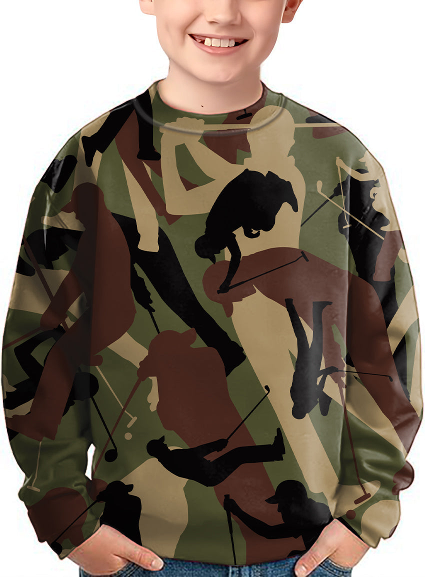 army green golf crewneck pullover for kids with golf-themed camouflage design