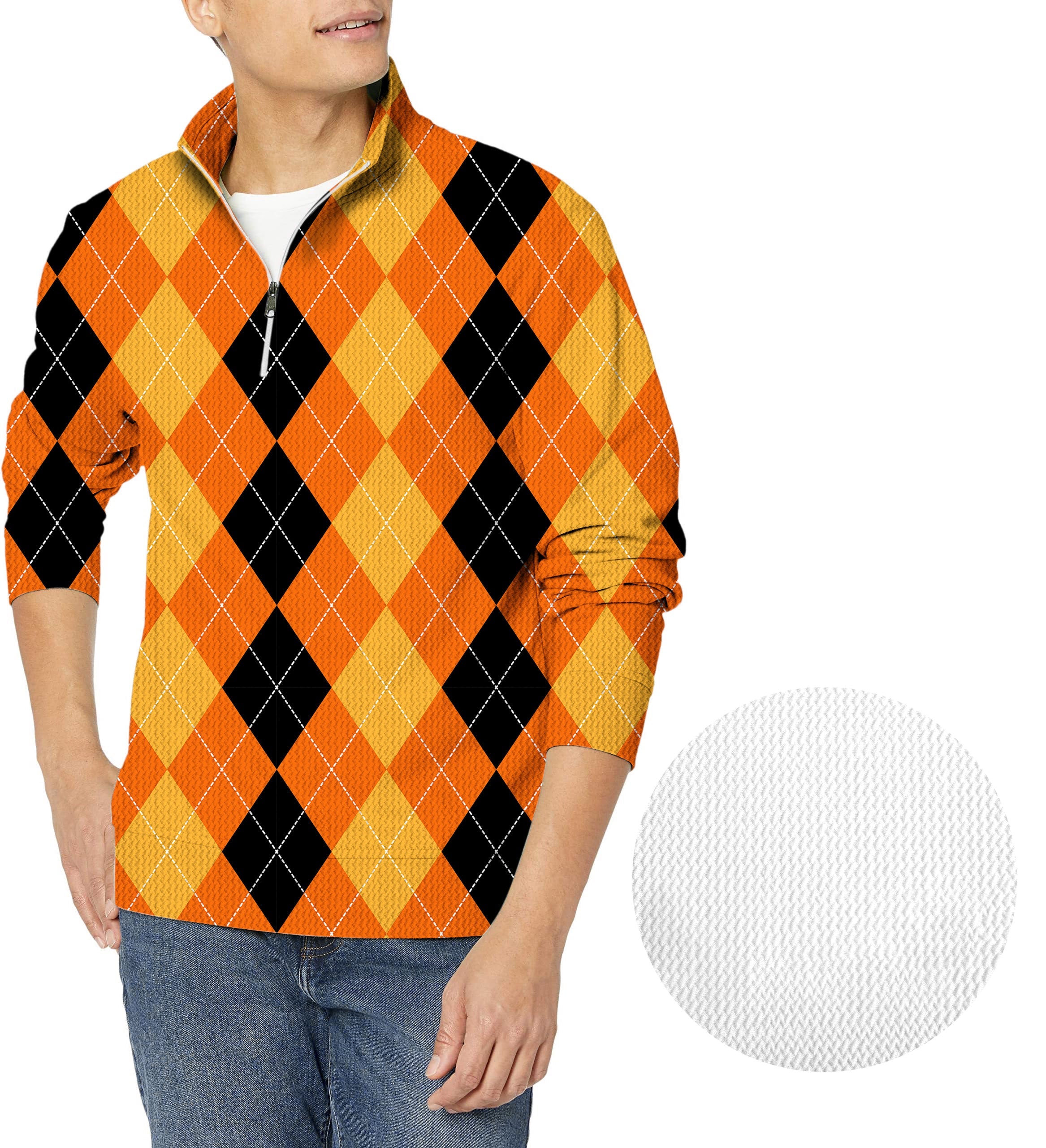 Halloween black yellow orange argyle men's golf waffle zipper pullover sweater
