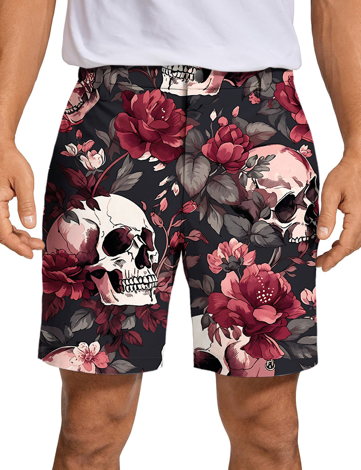 Men's Halloween floral skull golf shorts with dark background and red flowers design