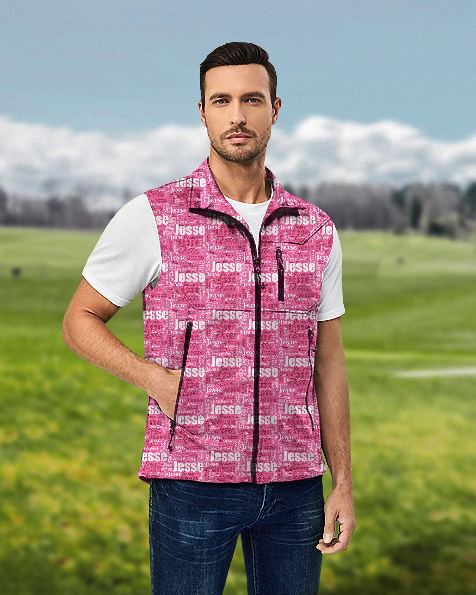 Men's Custom name fuchsia Lightweight Softshell Vest Sleeveless Jacket for Golf Windproof Waterproof
