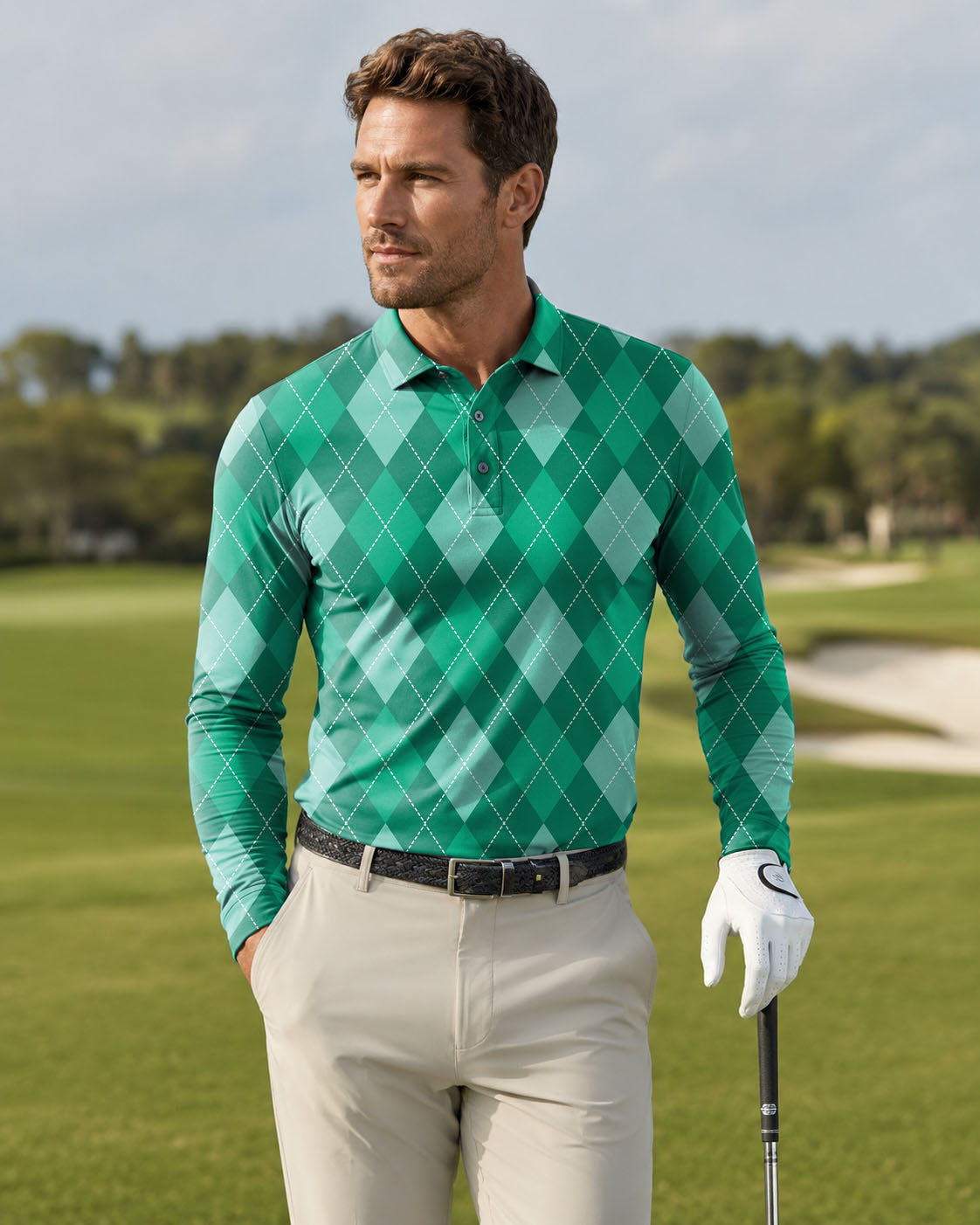 Men's Green Argyle Long-sleeved Polo