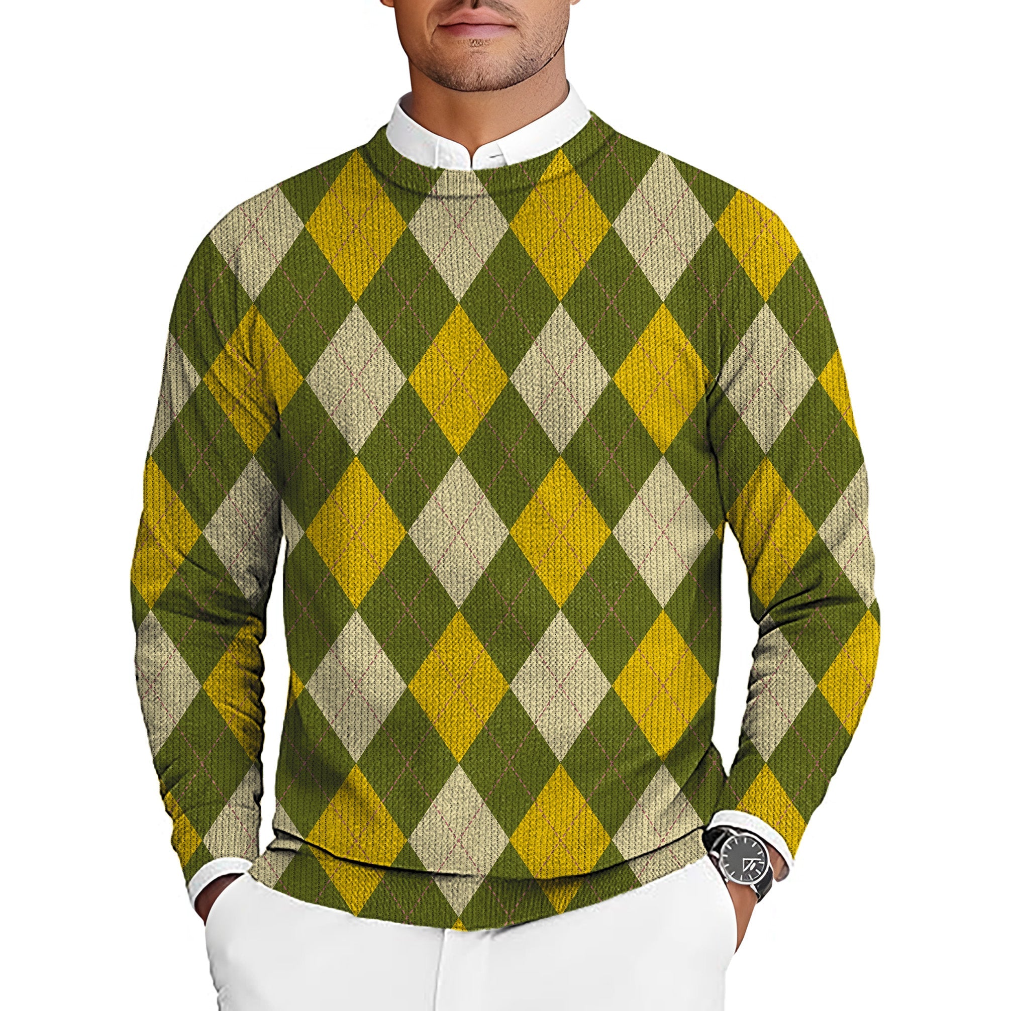 Yollow Argyle men's golf crewneck pullover sweater with yellow and green argyle pattern