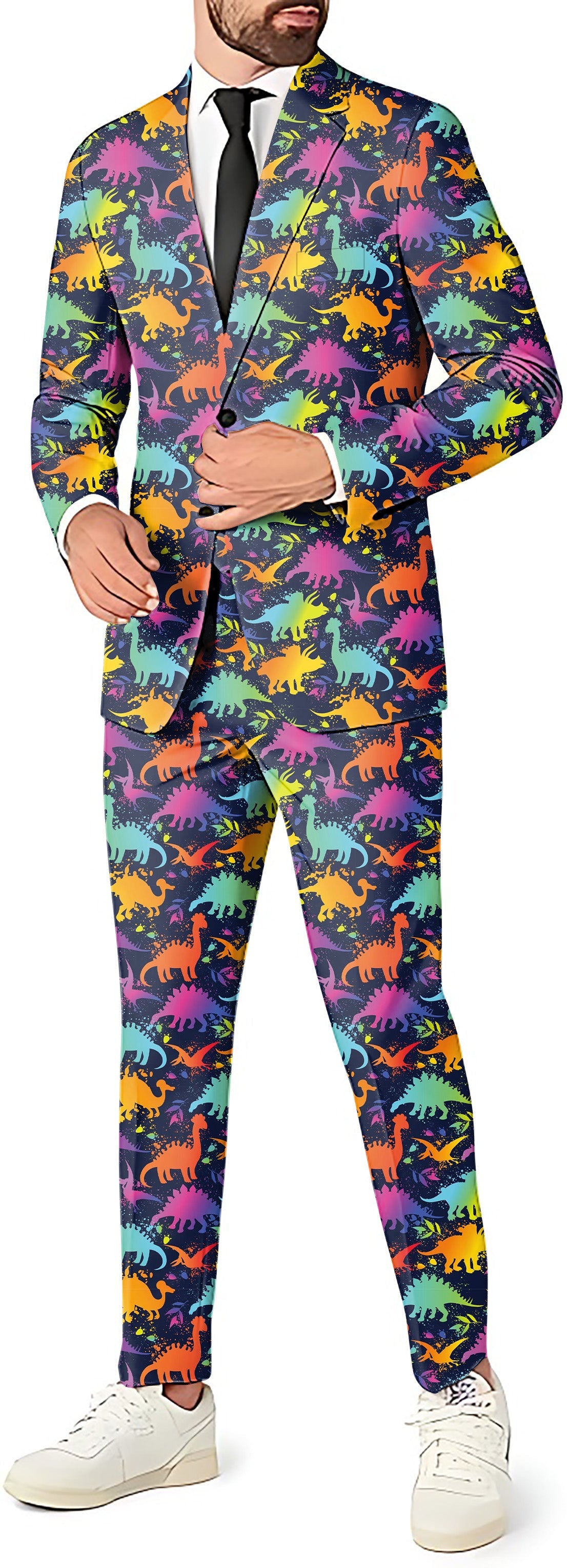Men's dinosaur print blazer, vest, and pants party costume set