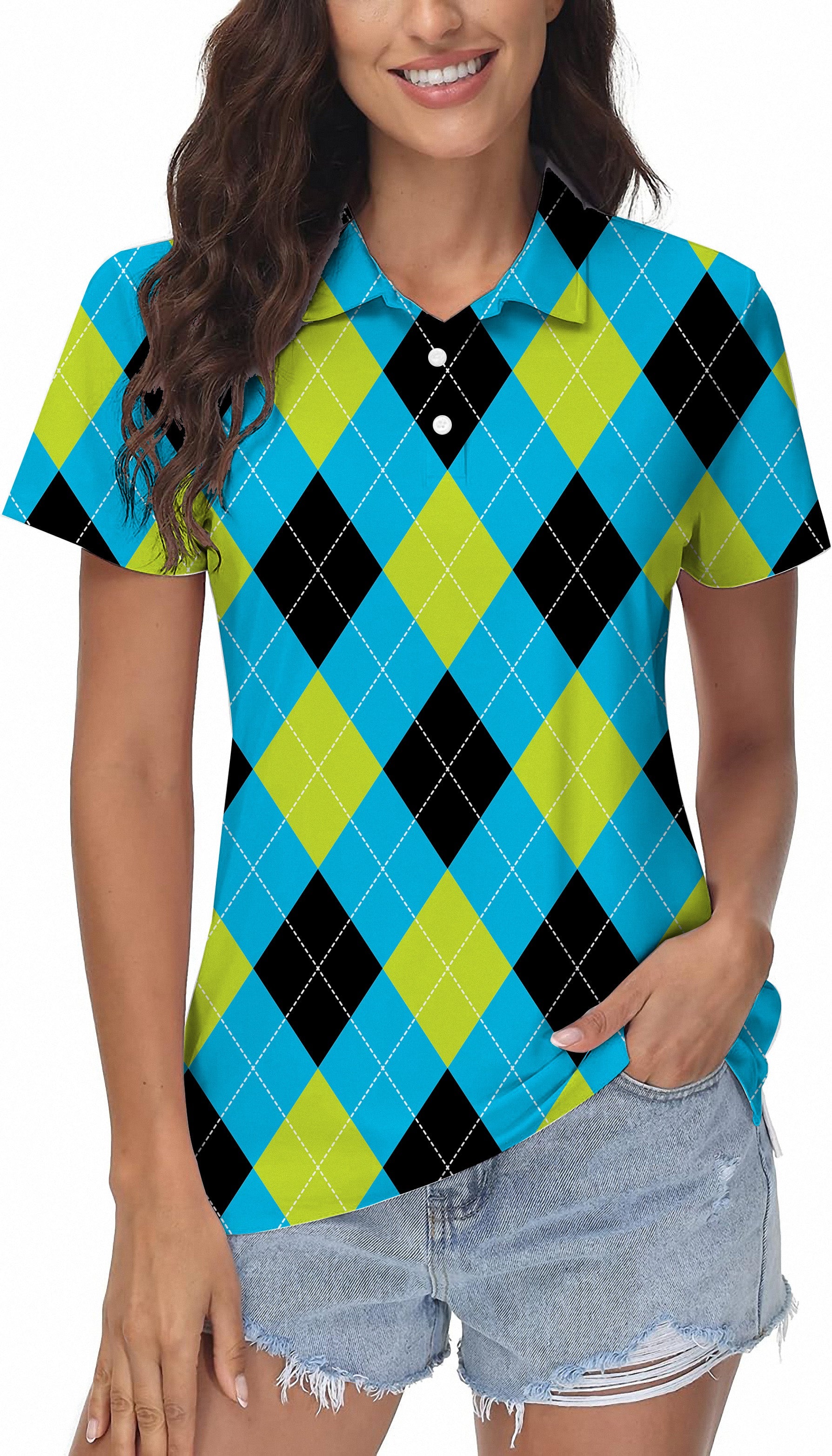 Women's Halloween black green blue white argyle golf polo shirt with four-way stretch and moisture-wicking fabric