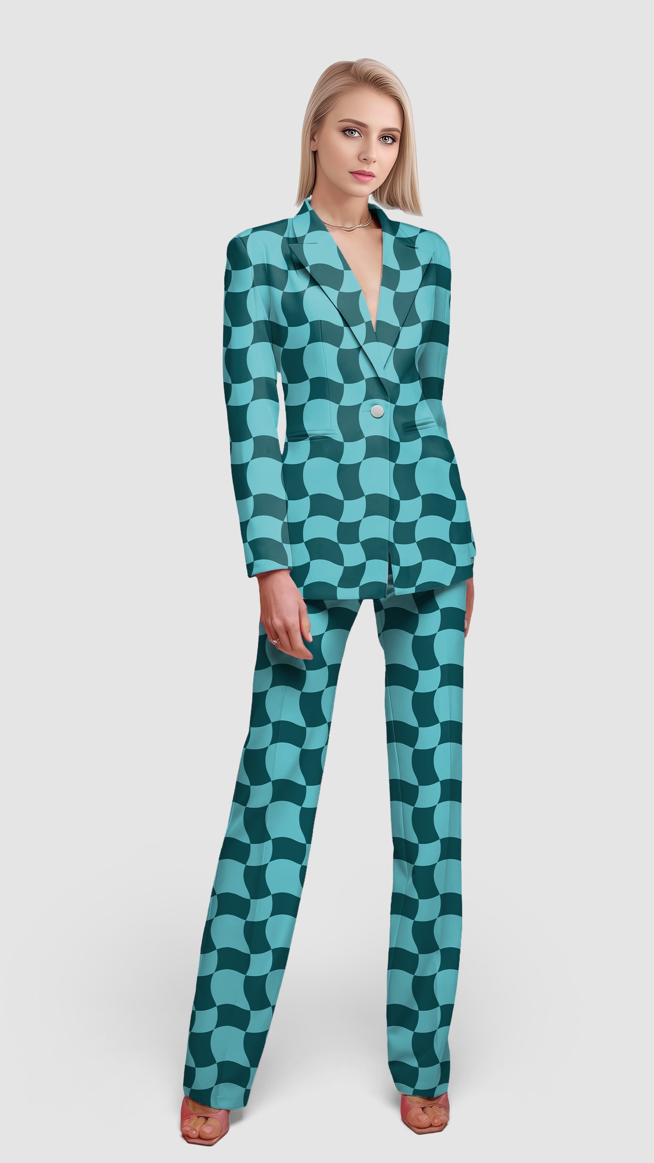 Wavy SquareTanjirou women's blazer and pants suit in teal checkered pattern, casual and office wear.