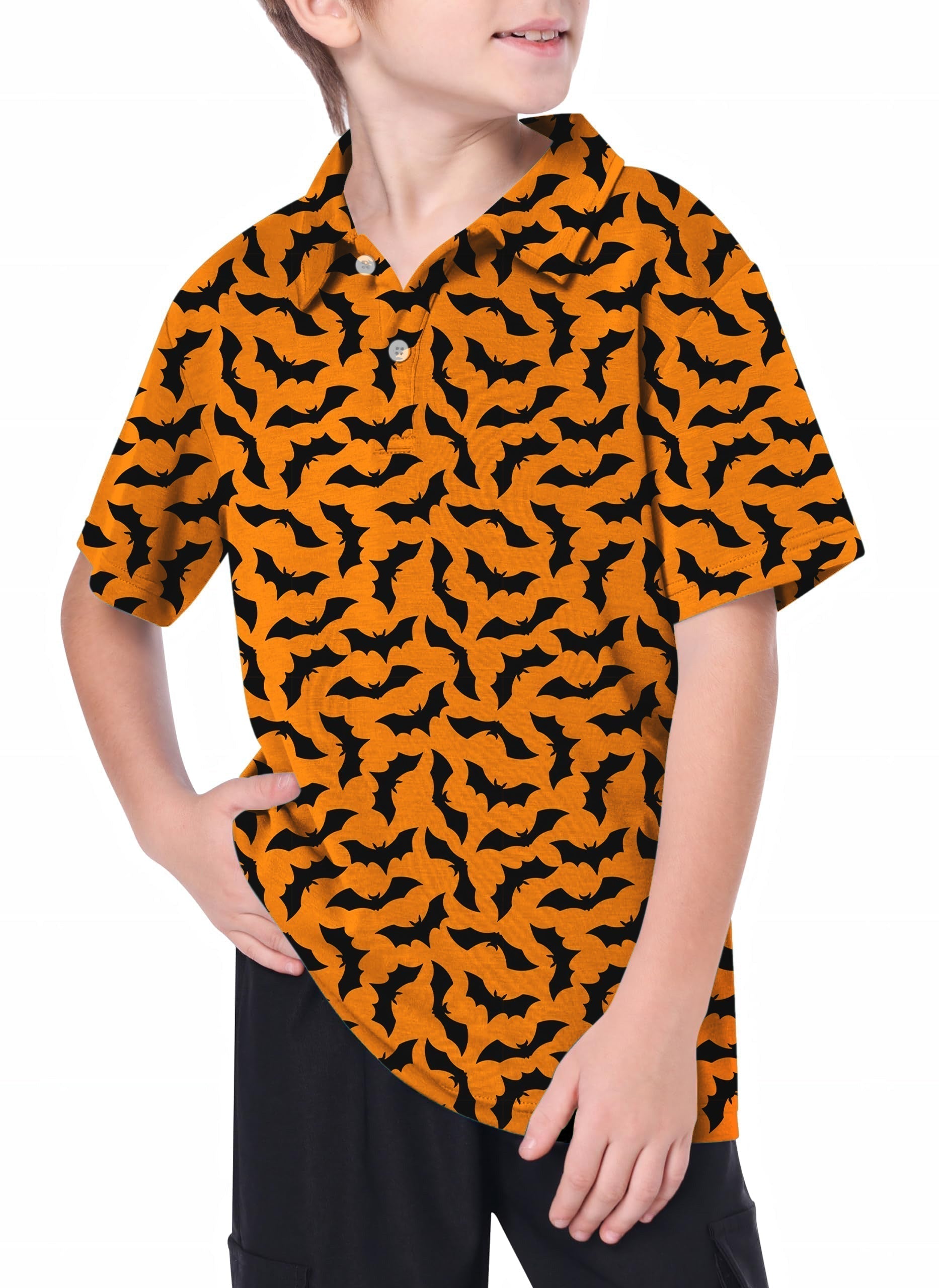 Youth Halloween Bat themed orange and black golf polo shirt for kids with bats pattern