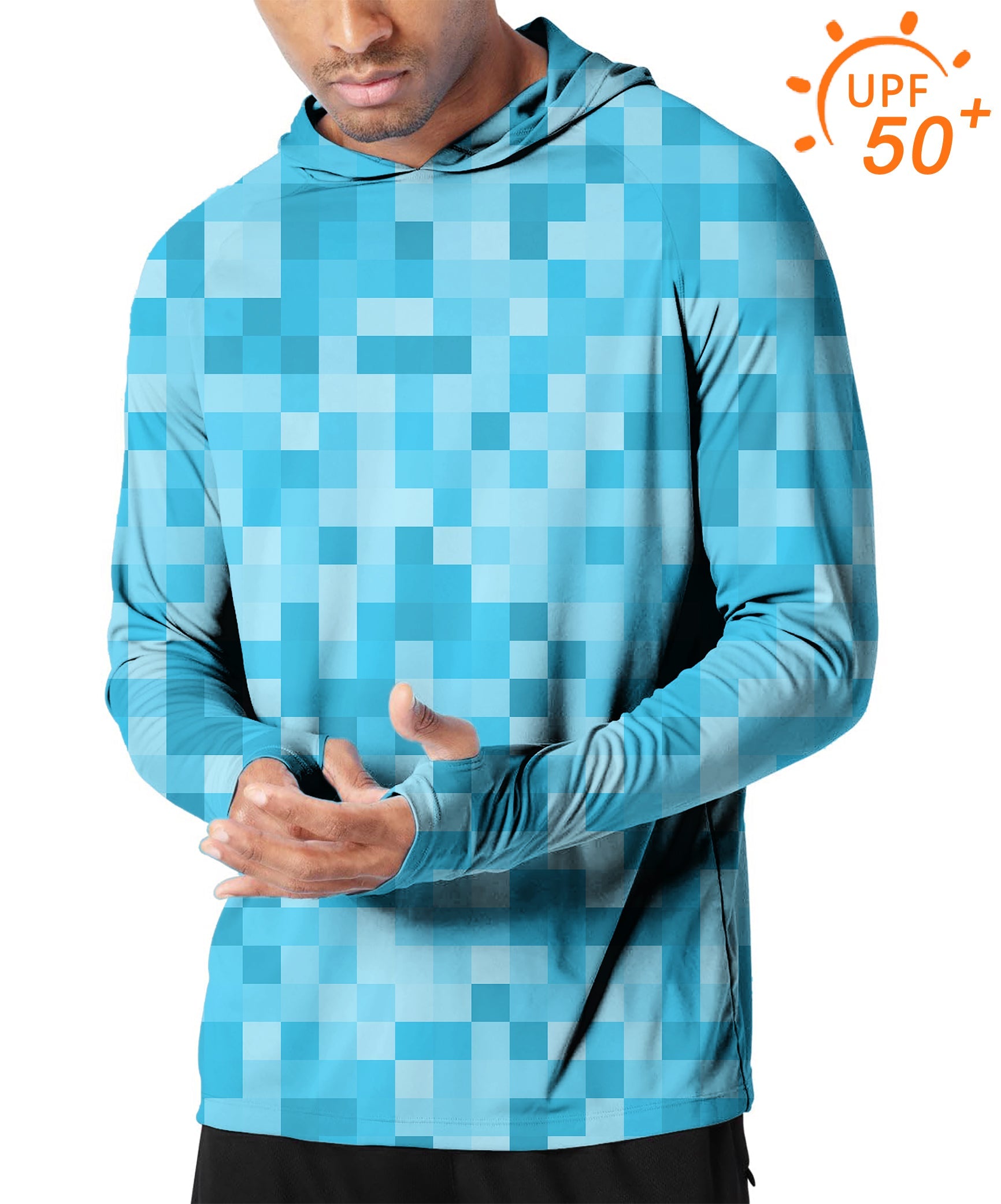 Men's outdoor blue pixel big golf sun protection slim fit hoodie with UPF 50+ fabric and thumb holes