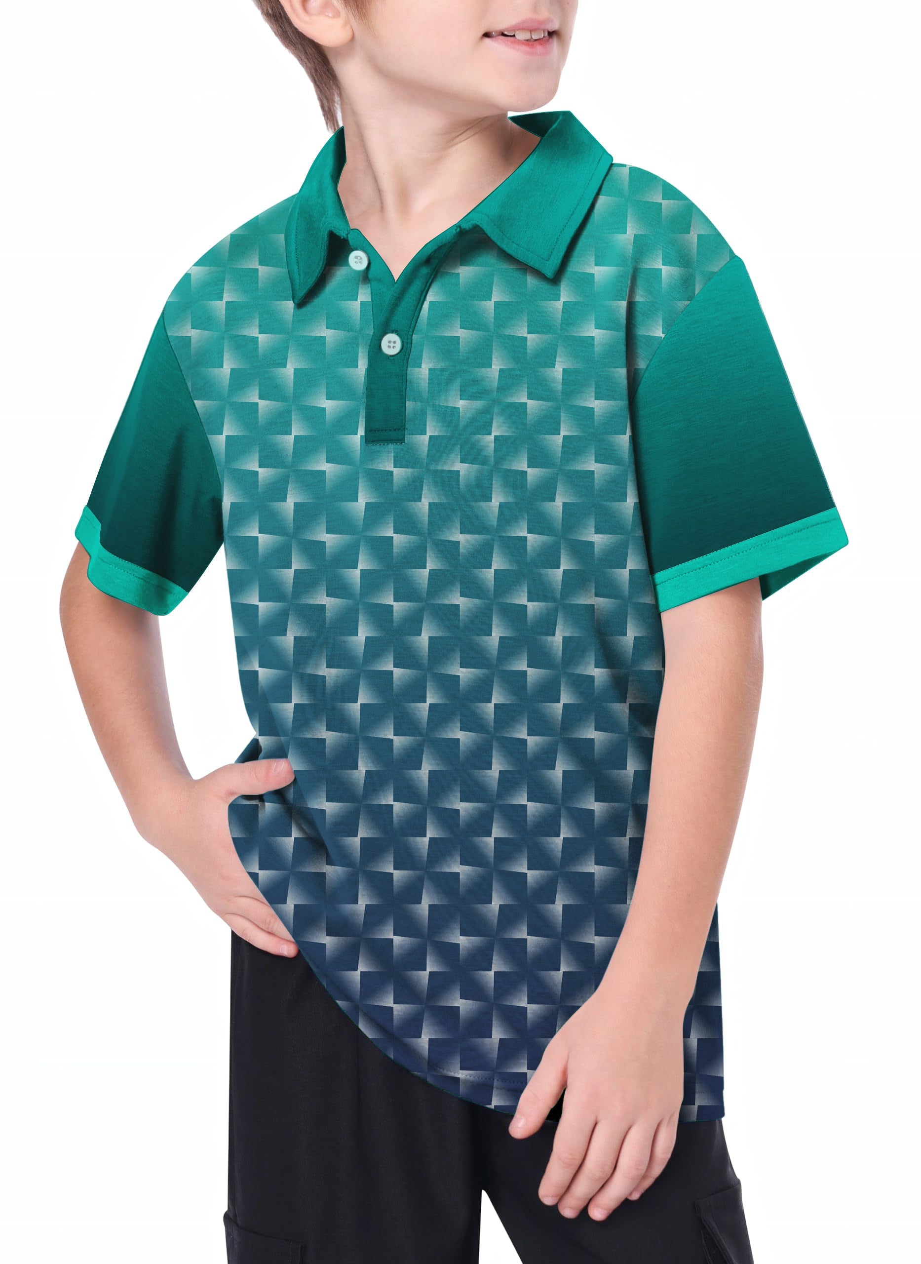 Youth boy wearing cyan gradient custom sport team golf polo shirt with 4-way stretch and moisture-wicking fabric