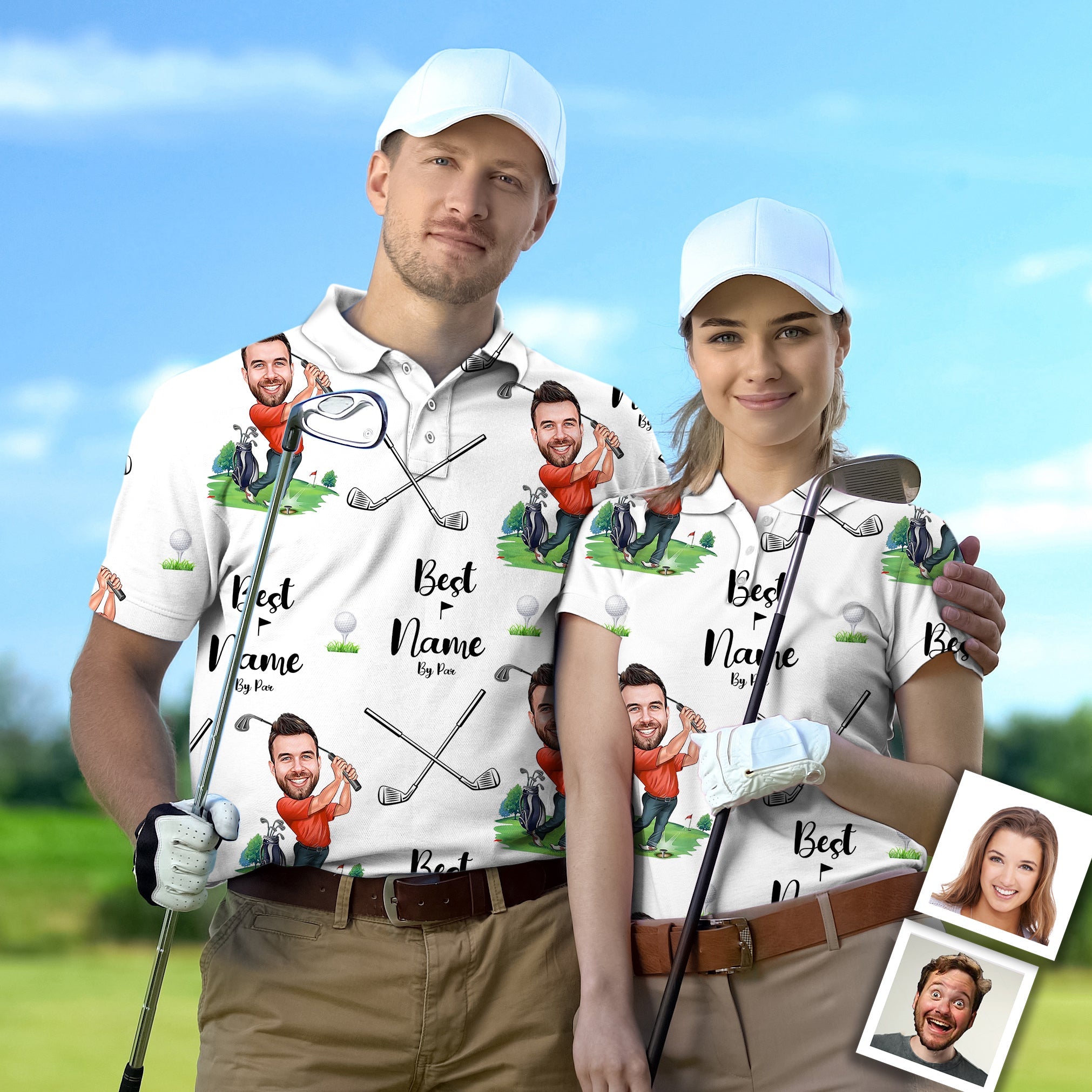 Golf Polo Couple wearing custom photo face golf polos with personalized names on golf course